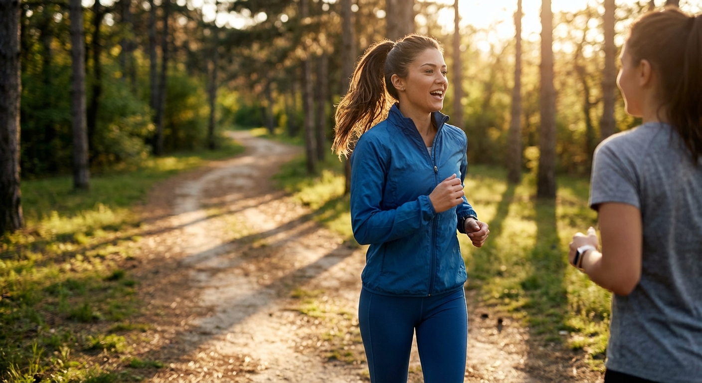 Person running outdoors demonstrating the talk test by speaking comfortably while jogging