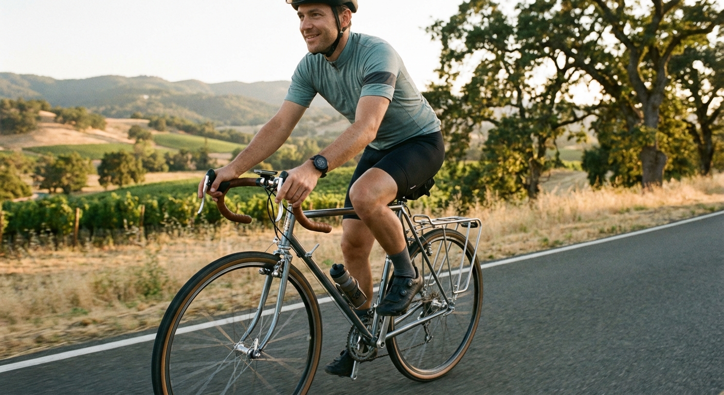 Cyclist maintaining steady pace on scenic road with heart rate monitor visible on wrist showing 135 bpm