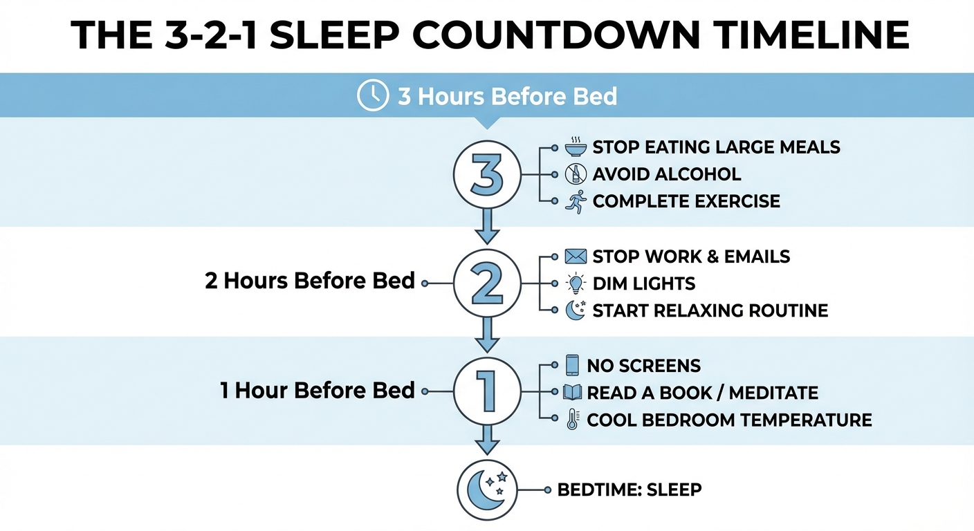 Infographic showing the 3-2-1 countdown timeline with icons for food, work, and screens