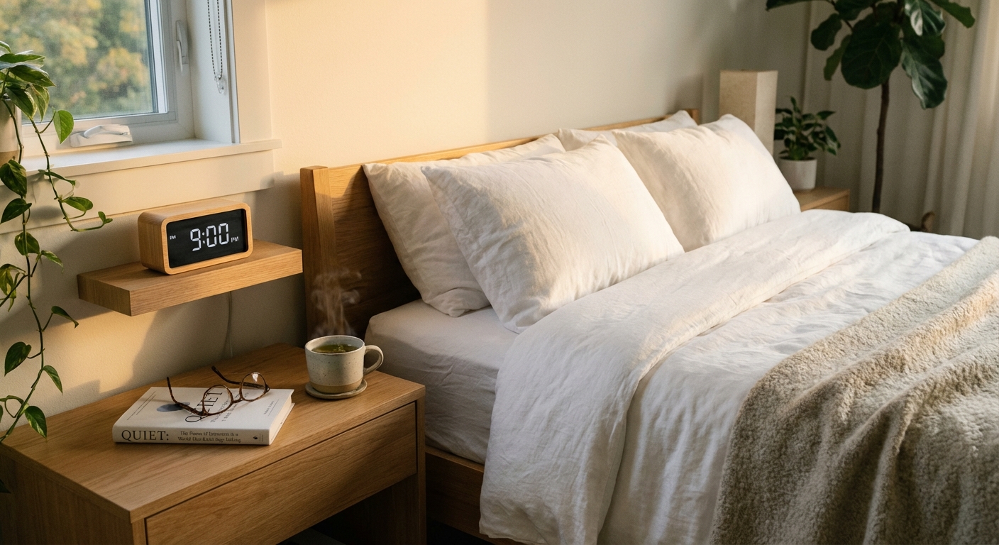 Peaceful bedroom at dusk with warm lighting, clock showing evening time, and a book on the nightstand