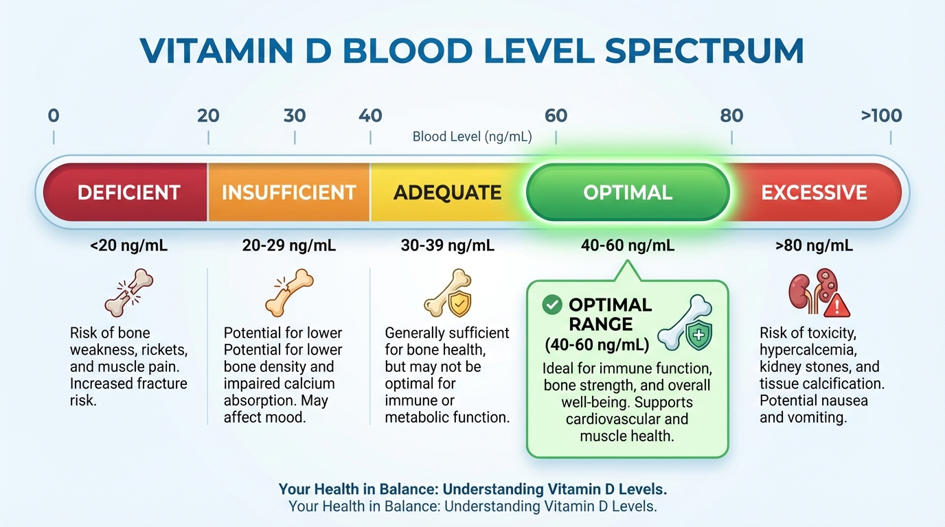 Blood level spectrum infographic showing vitamin D ranges from deficient to optimal to excessive