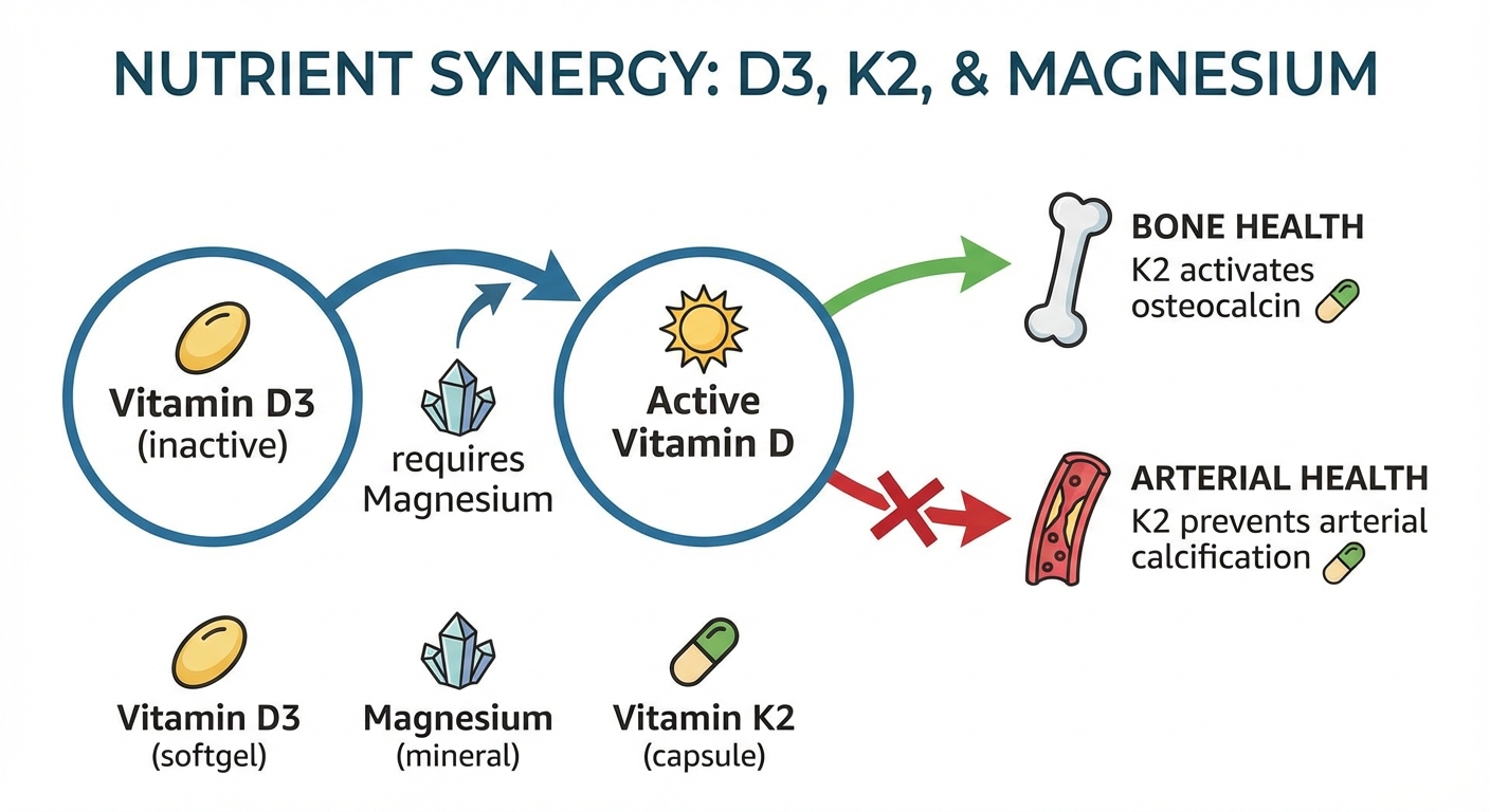 Diagram showing vitamin D3, K2, and magnesium working together in the body