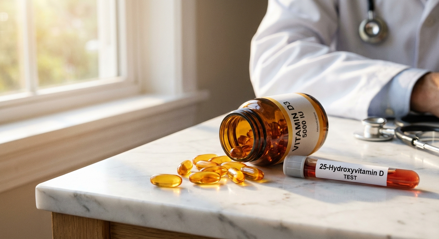 Vitamin D3 softgels beside a blood test vial with sunlight streaming through a window