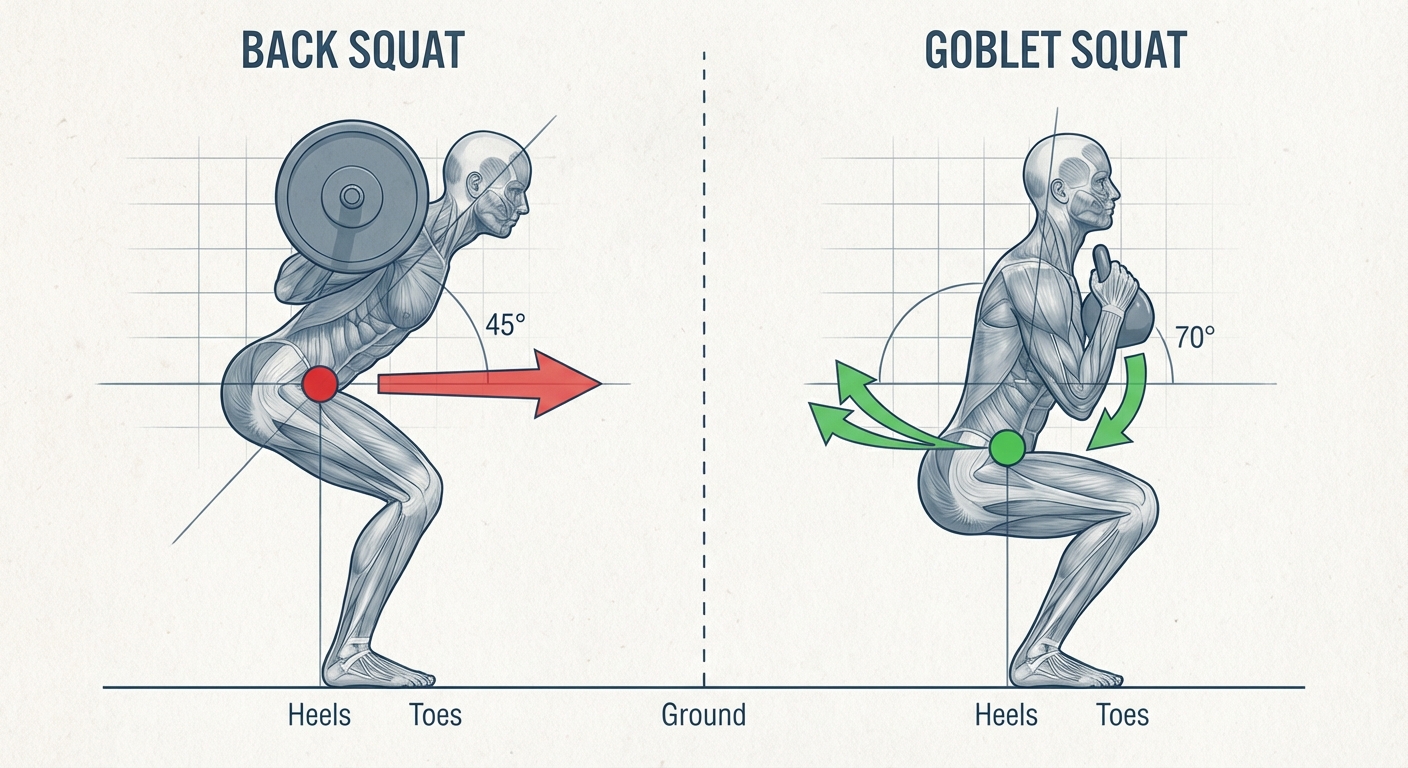Side-by-side comparison of barbell back squat versus goblet squat form