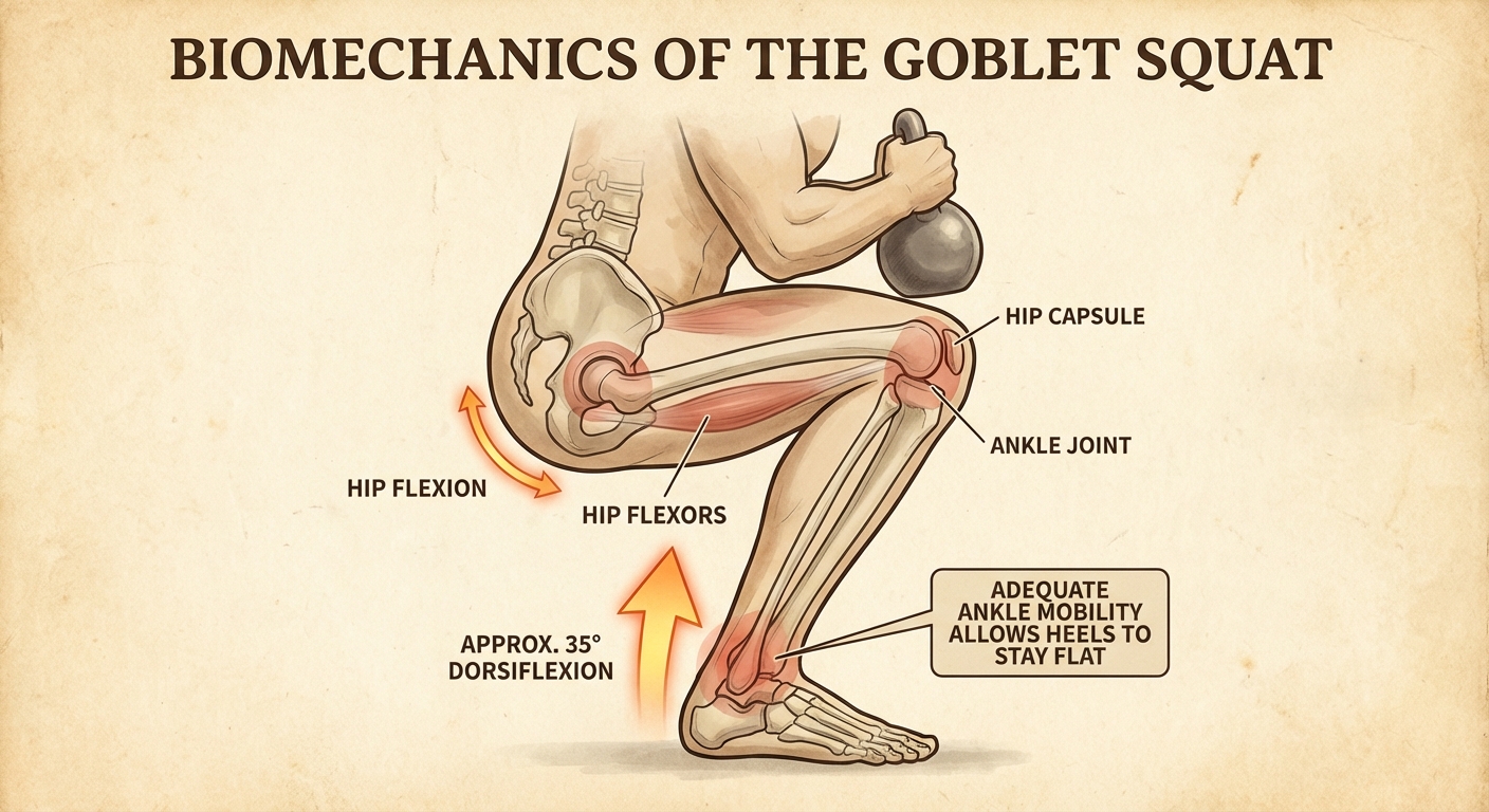 Anatomical view showing hip and ankle mobility during deep squat