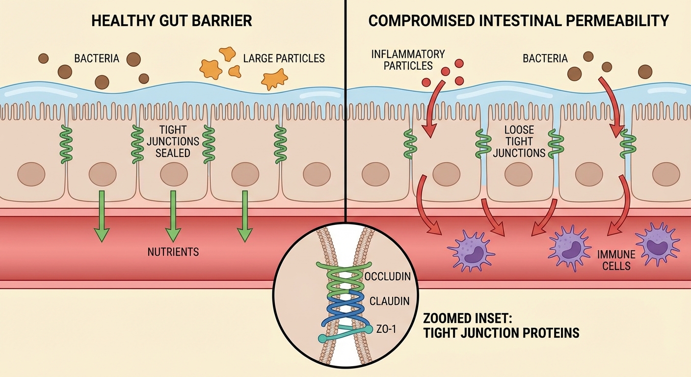Illustration of healthy versus compromised intestinal tight junctions