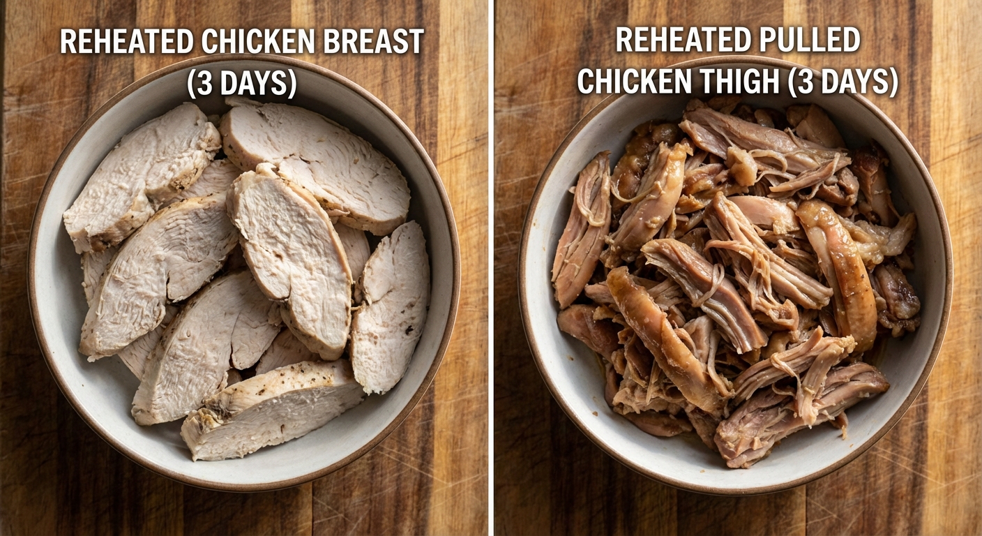 Comparison of proteins before and after reheating showing moisture retention differences
