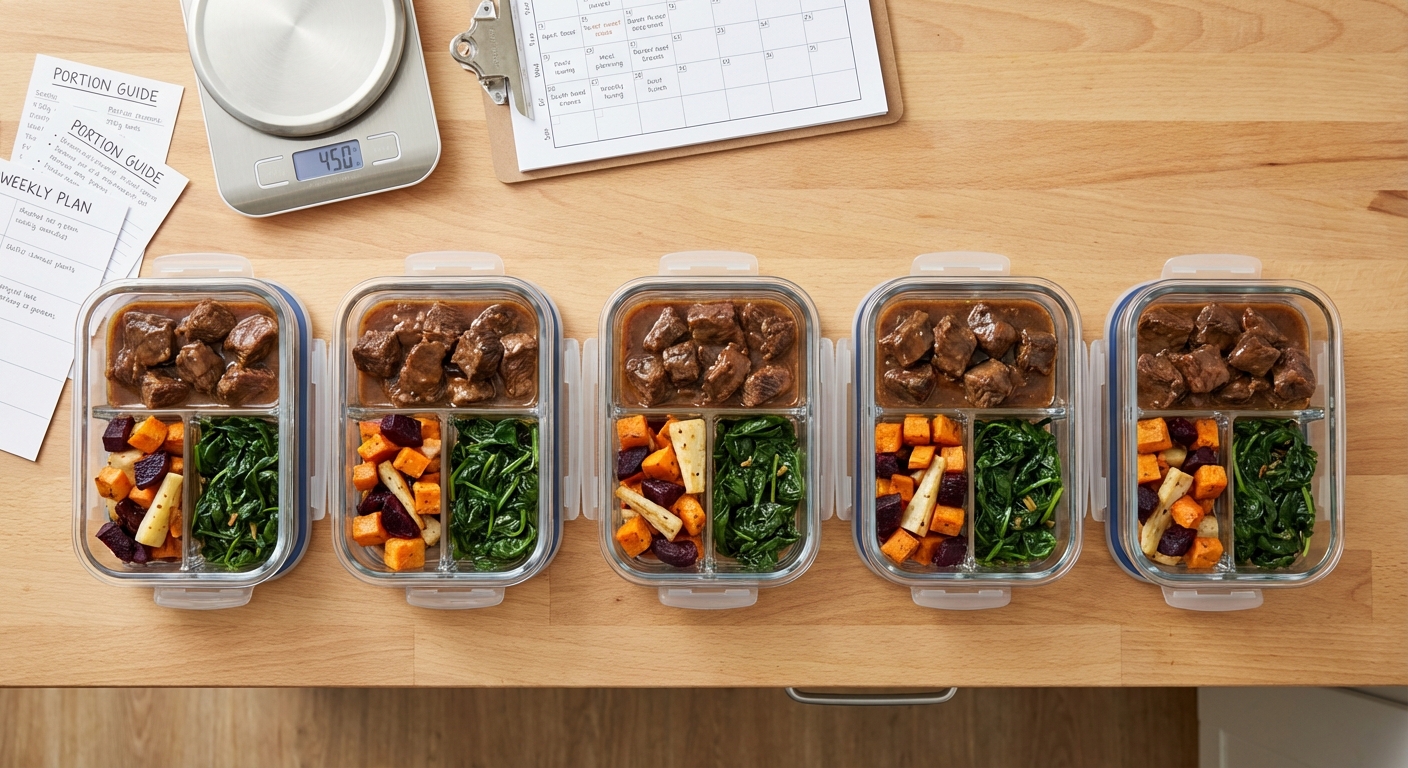 Properly portioned meal prep containers with protein, carbs, and vegetables