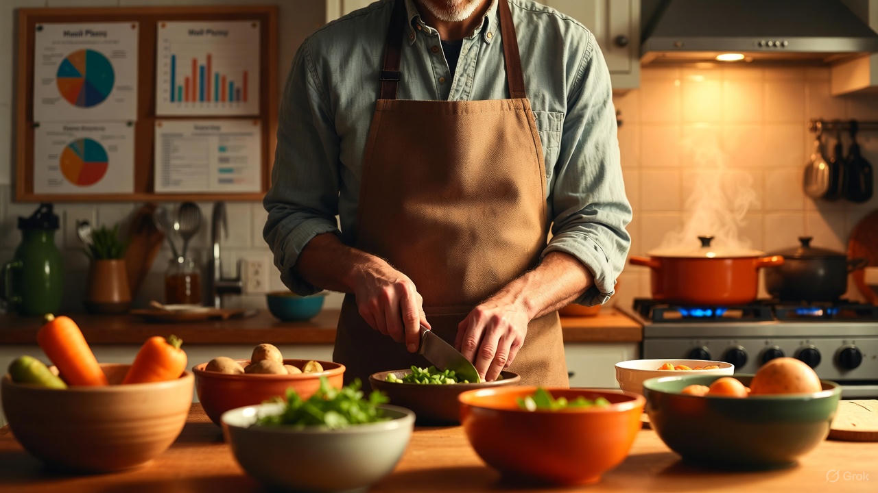 Glass containers filled with roasted root vegetables and hearty stew