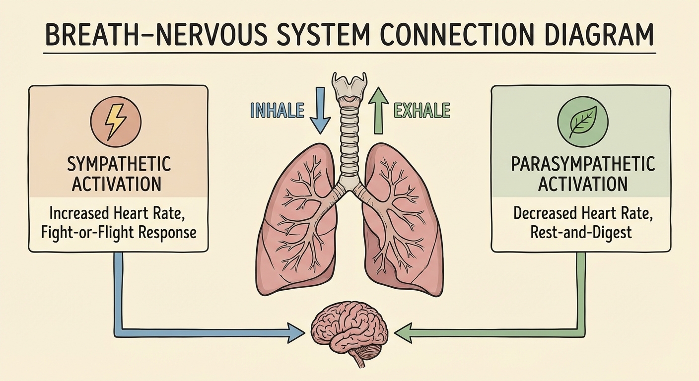 Diagram showing how inhale activates sympathetic nervous system and exhale activates parasympathetic through the vagus nerve