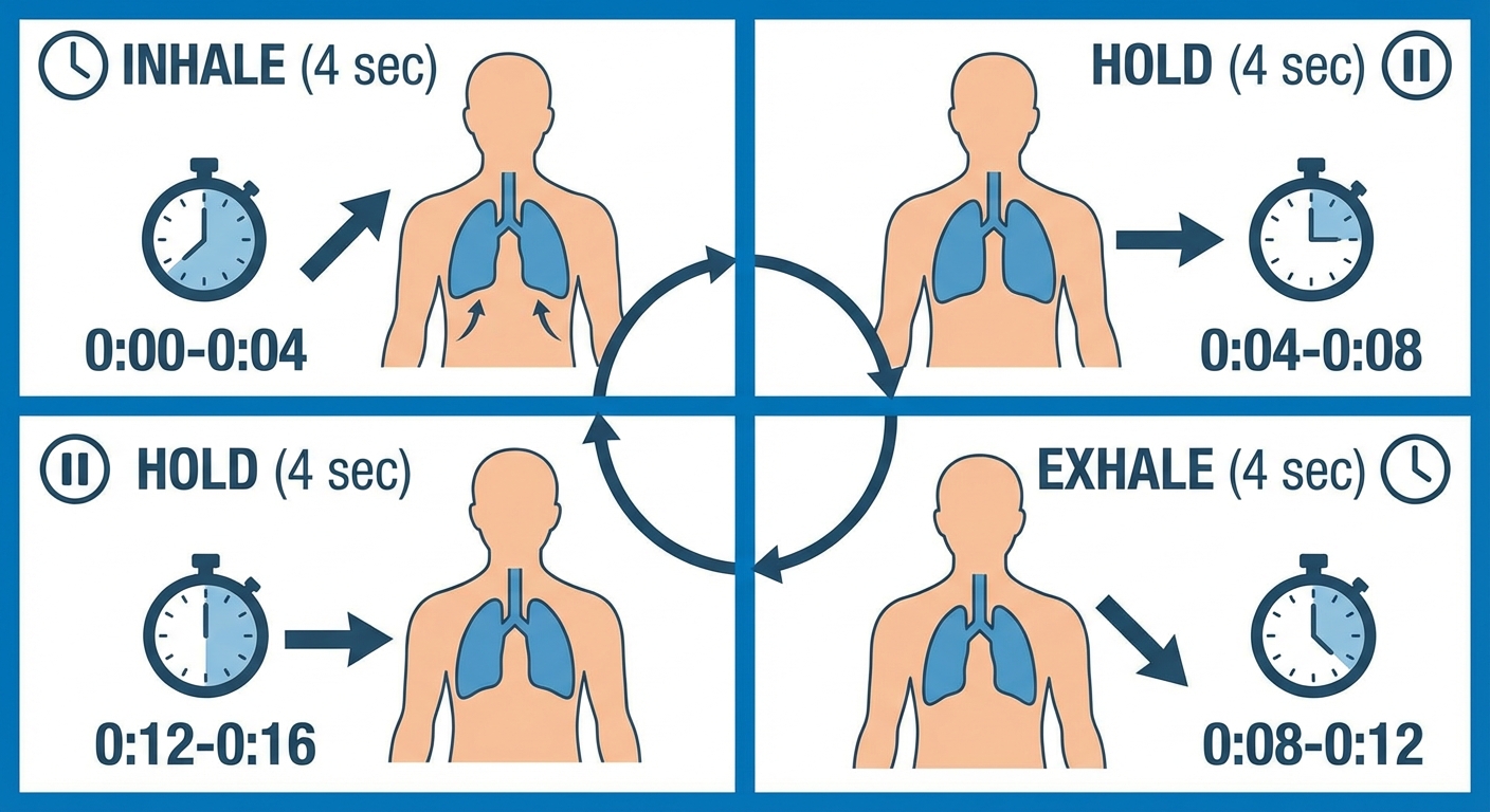 Step-by-step visual guide to the box breathing 4-4-4-4 protocol with timing and body position cues