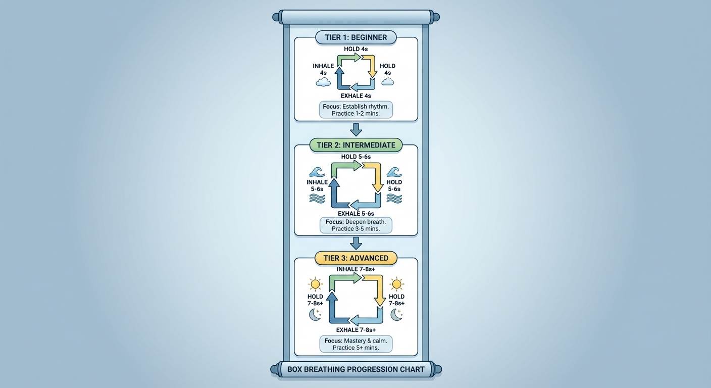 Progression chart showing how to advance from 4-4-4-4 box breathing to longer protocols