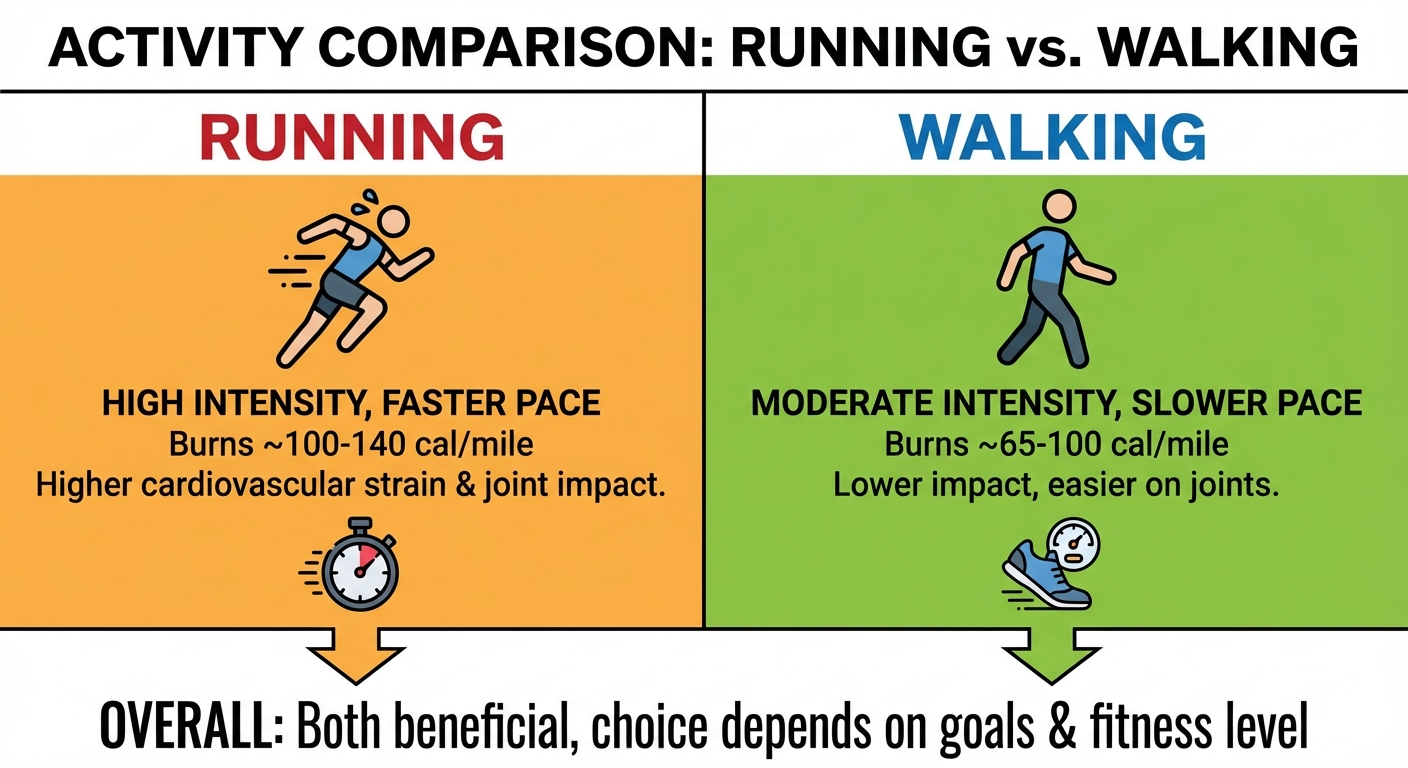 Comparison showing rucking versus running for joint impact, calorie burn, and muscle engagement