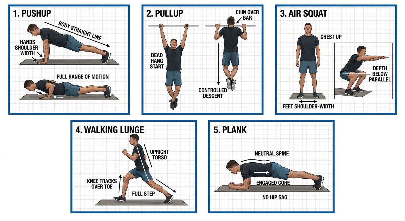 Demonstration of the five fundamental military calisthenics movements with proper form cues