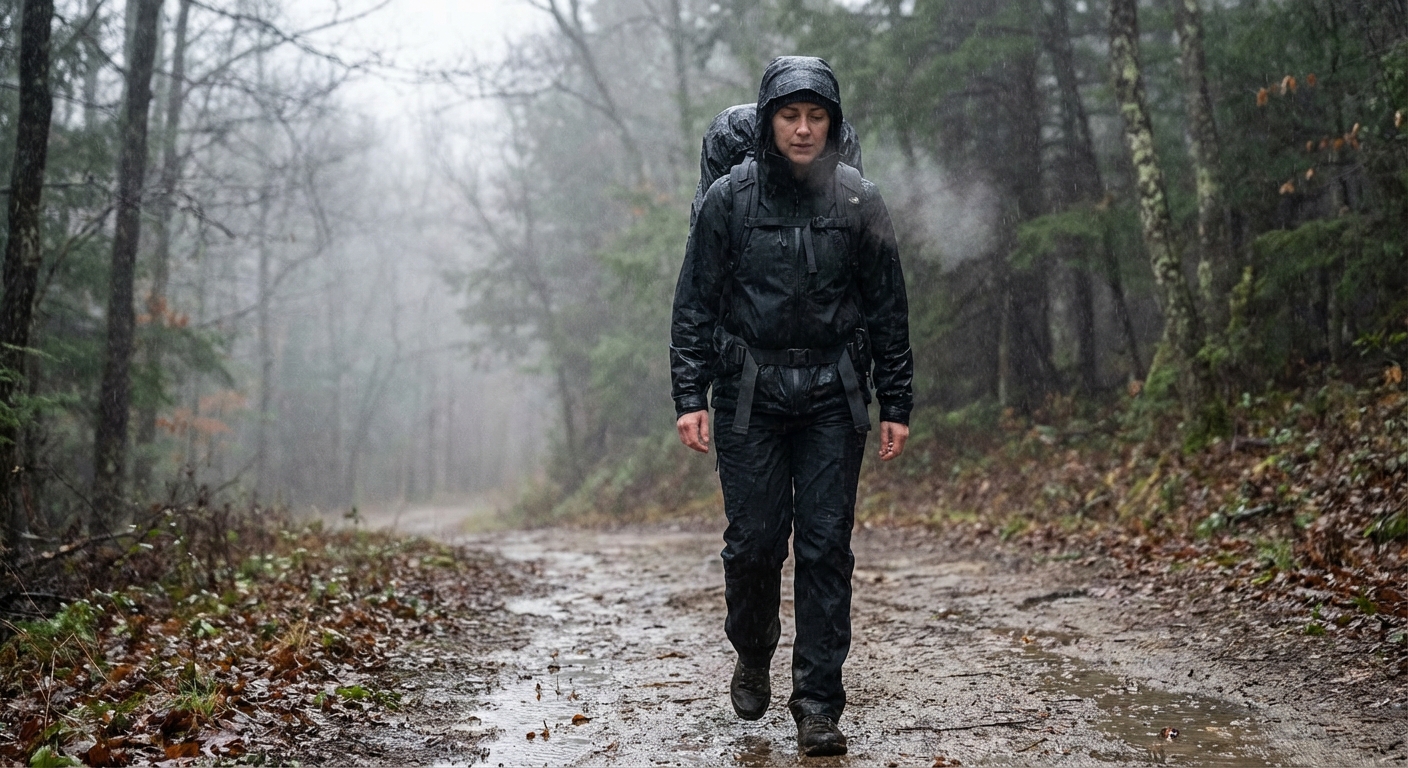A person rucking alone on a rainy morning trail, demonstrating 'embracing the suck' mindset