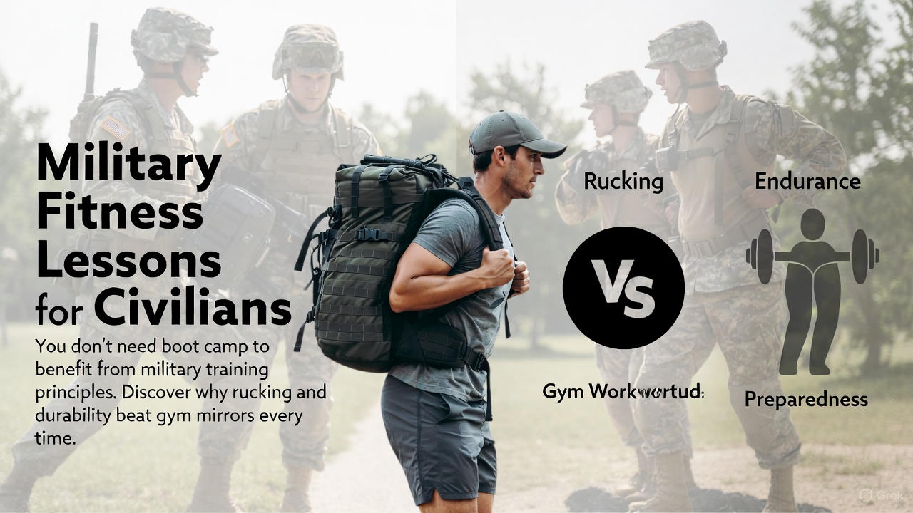 A group of people rucking with weighted backpacks on a forest trail at dawn