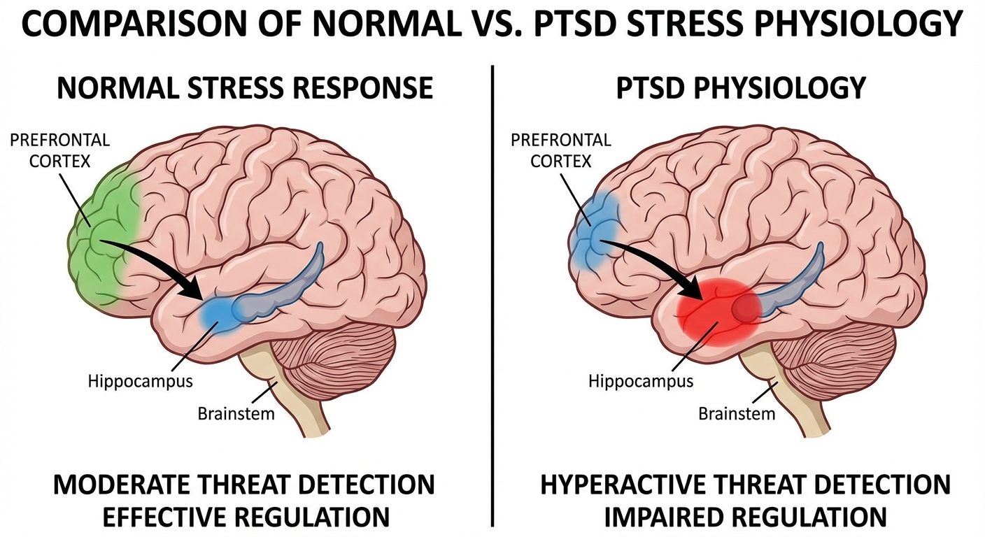 Diagram showing the stuck stress response in PTSD with hyperactive amygdala and suppressed prefrontal cortex
