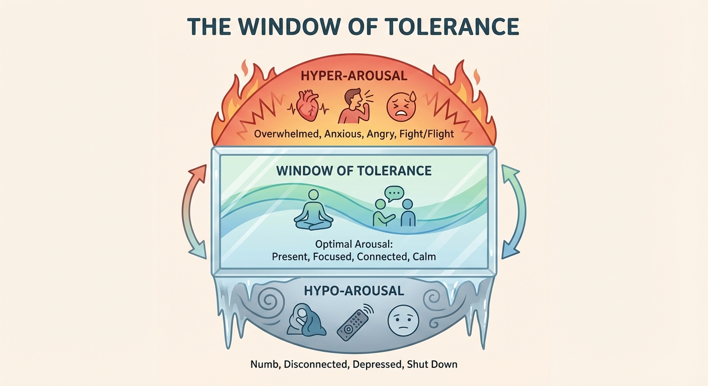 The window of tolerance concept showing optimal arousal zone for trauma-informed exercise