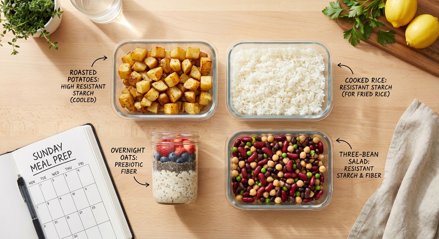 Meal prep containers showing cooled potatoes, day-old rice, overnight oats, and bean salad as practical resistant starch sources