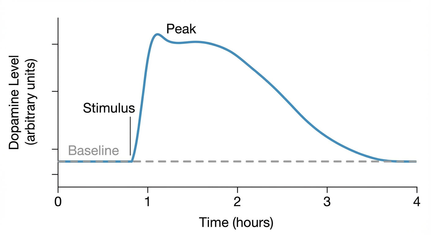 Diagram showing dopamine spike and dip pattern after stimulating activities