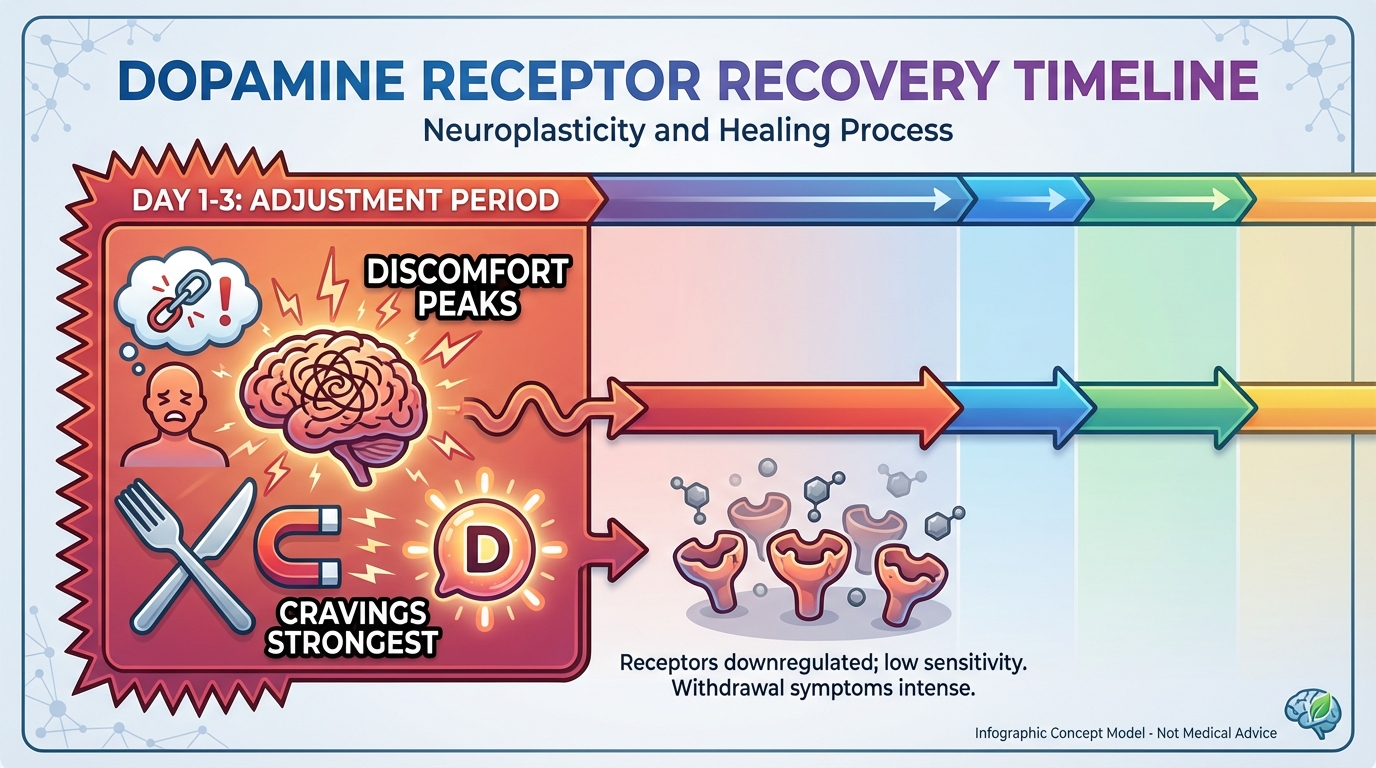 Timeline showing receptor sensitivity recovery over 1-4 weeks of reduced stimulation