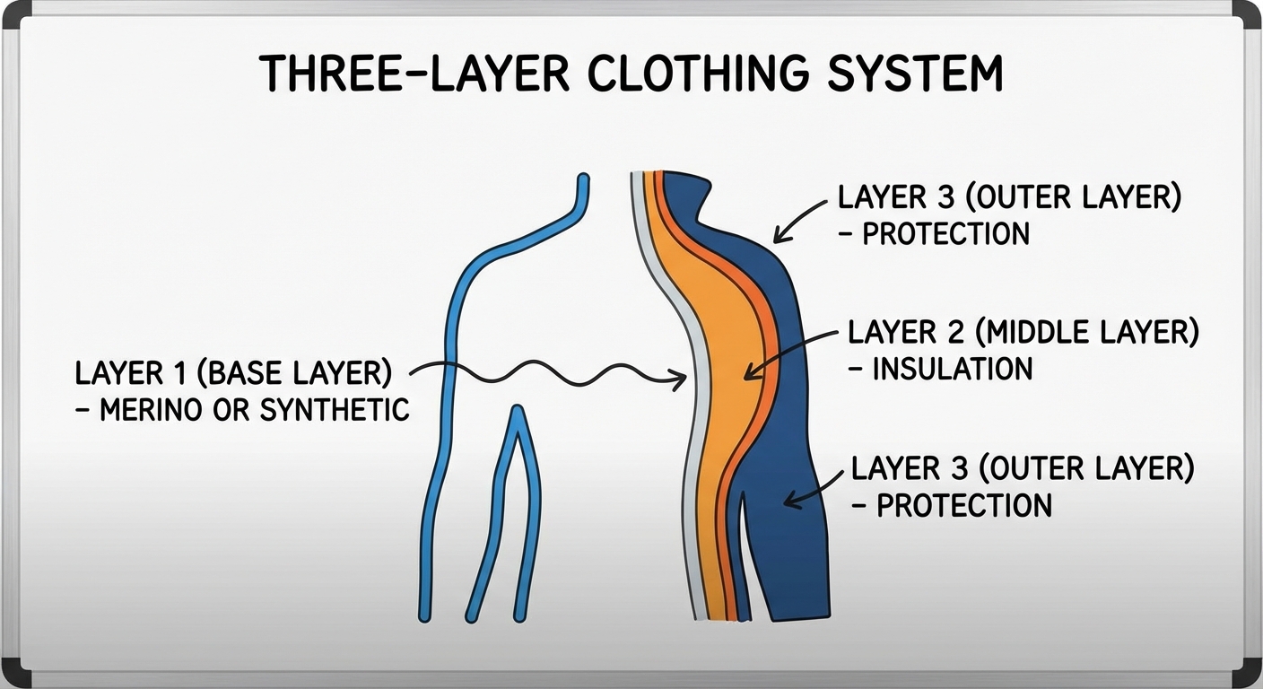 Diagram showing the three-layer winter running system with fabric recommendations