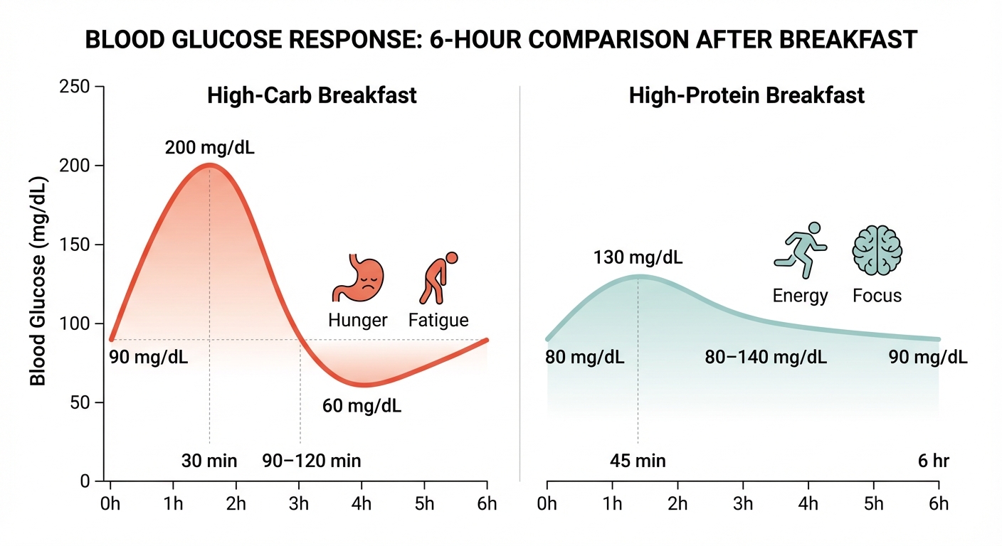 Diagram showing blood sugar response curves comparing high-protein versus high-carb breakfasts