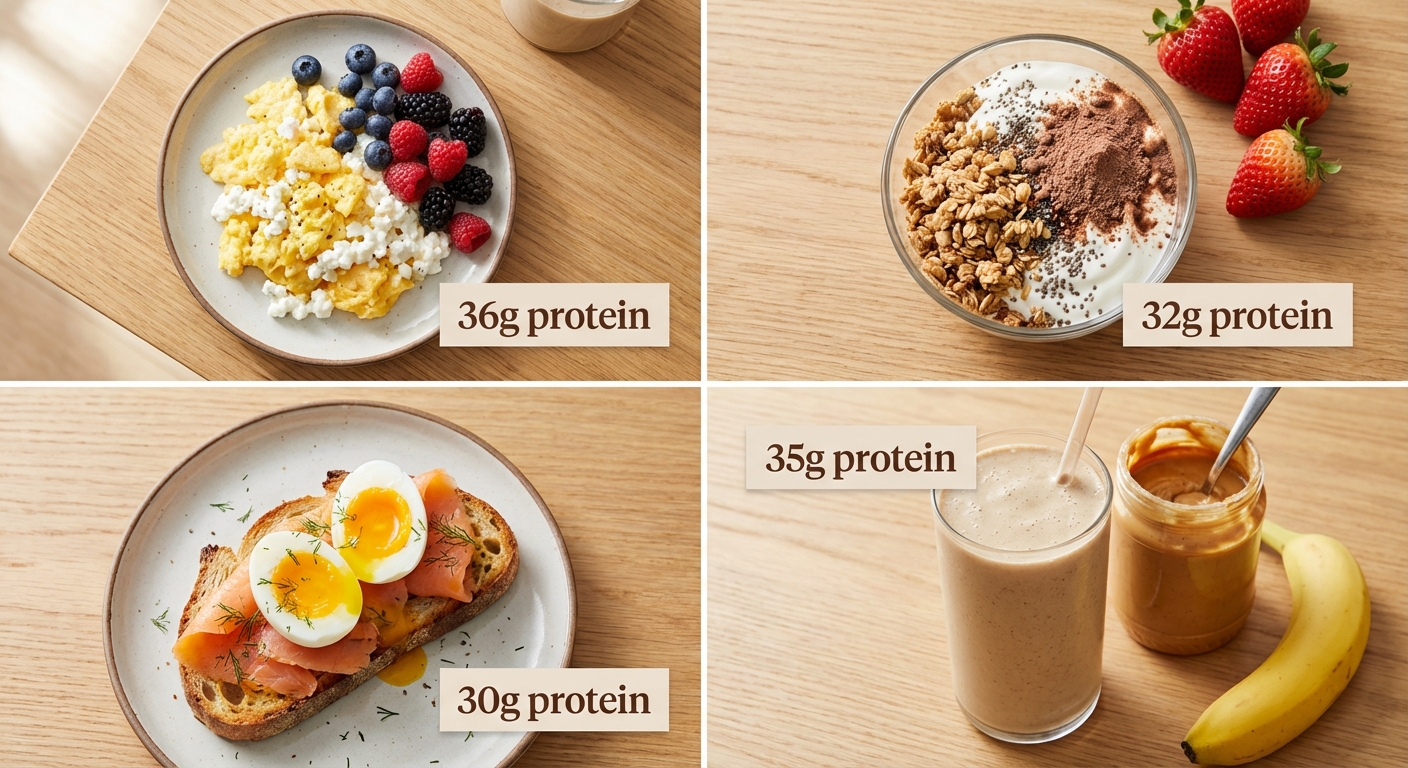 Four high-protein breakfast options arranged on a kitchen counter with protein content labels