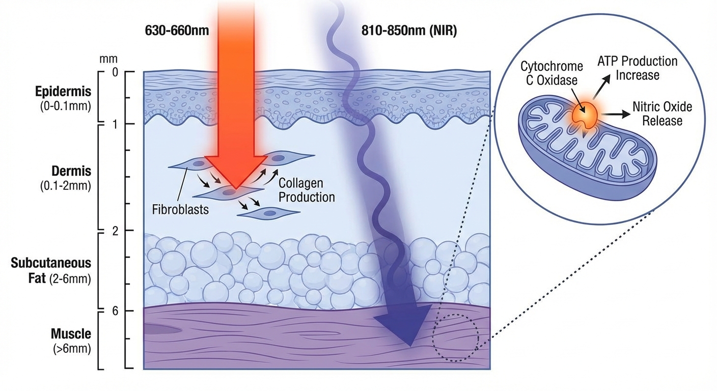 Diagram showing how red light penetrates skin and activates mitochondrial cytochrome c oxidase