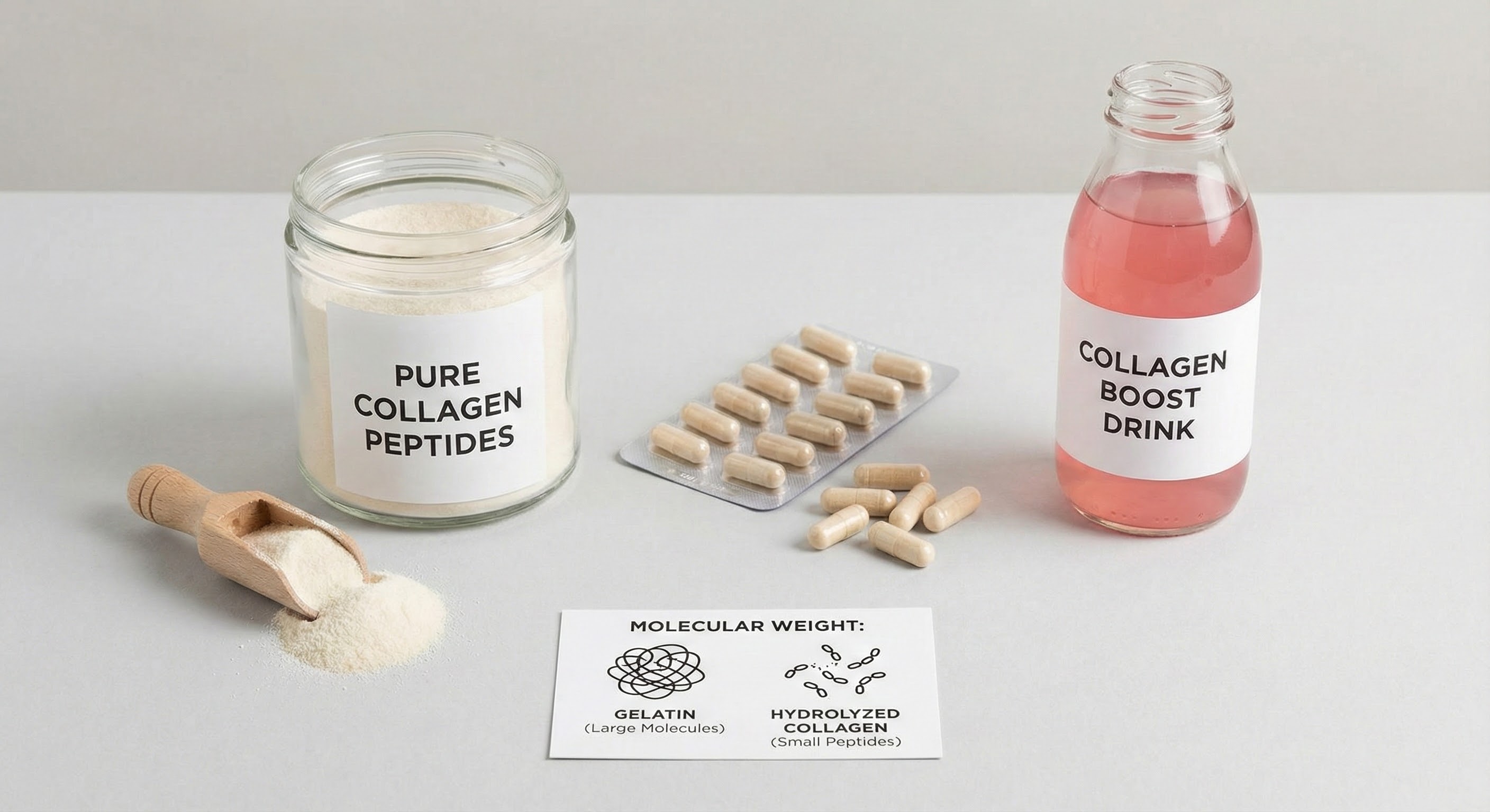 Various collagen supplement forms including powder, capsules, and liquid