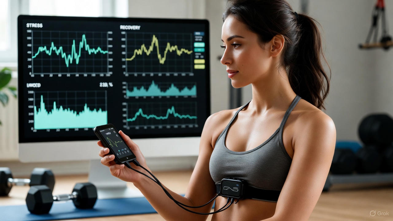 A smartwatch screen displaying an HRV graph with a stress score