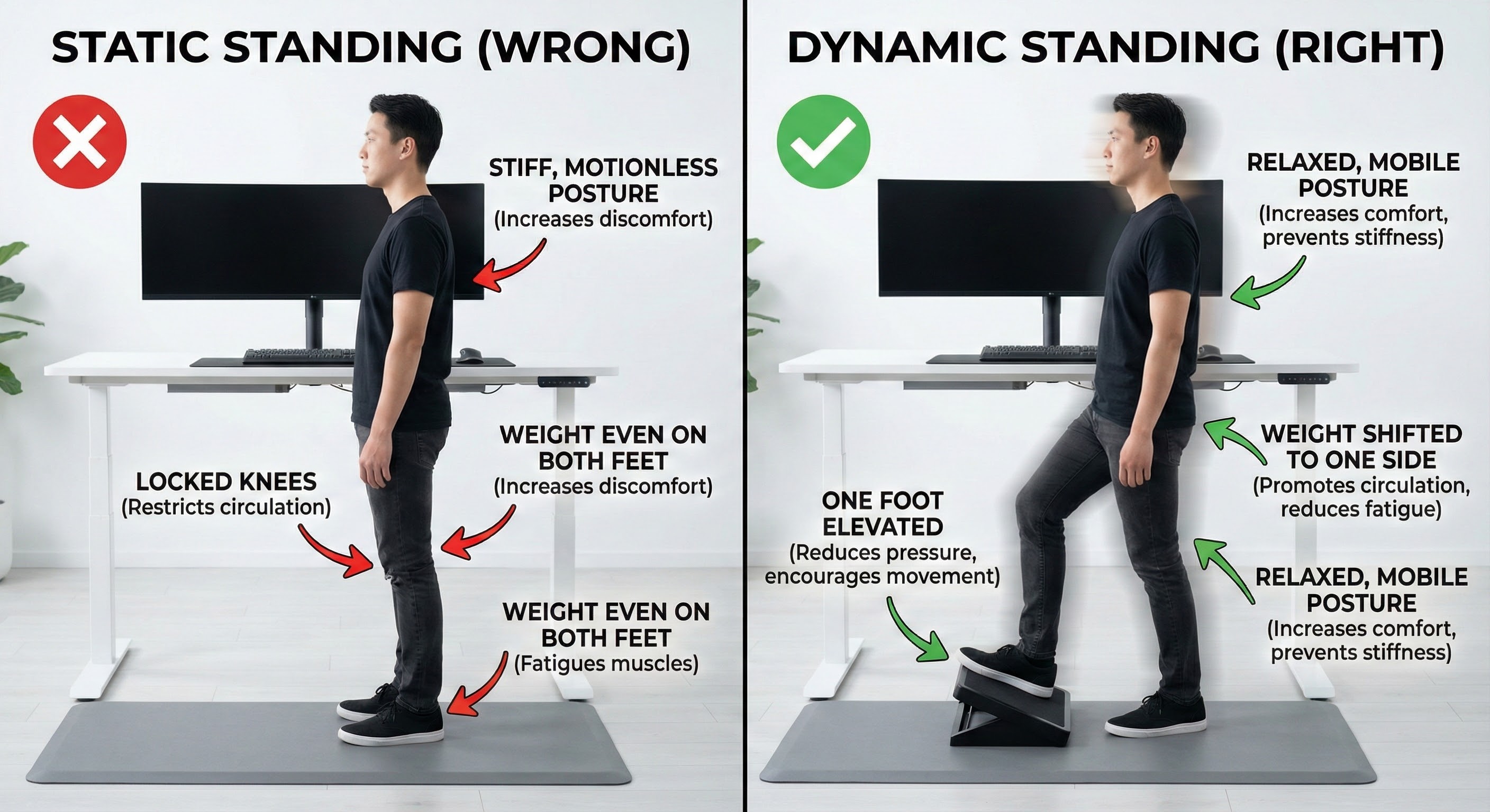 Side-by-side comparison of static standing versus dynamic standing positions