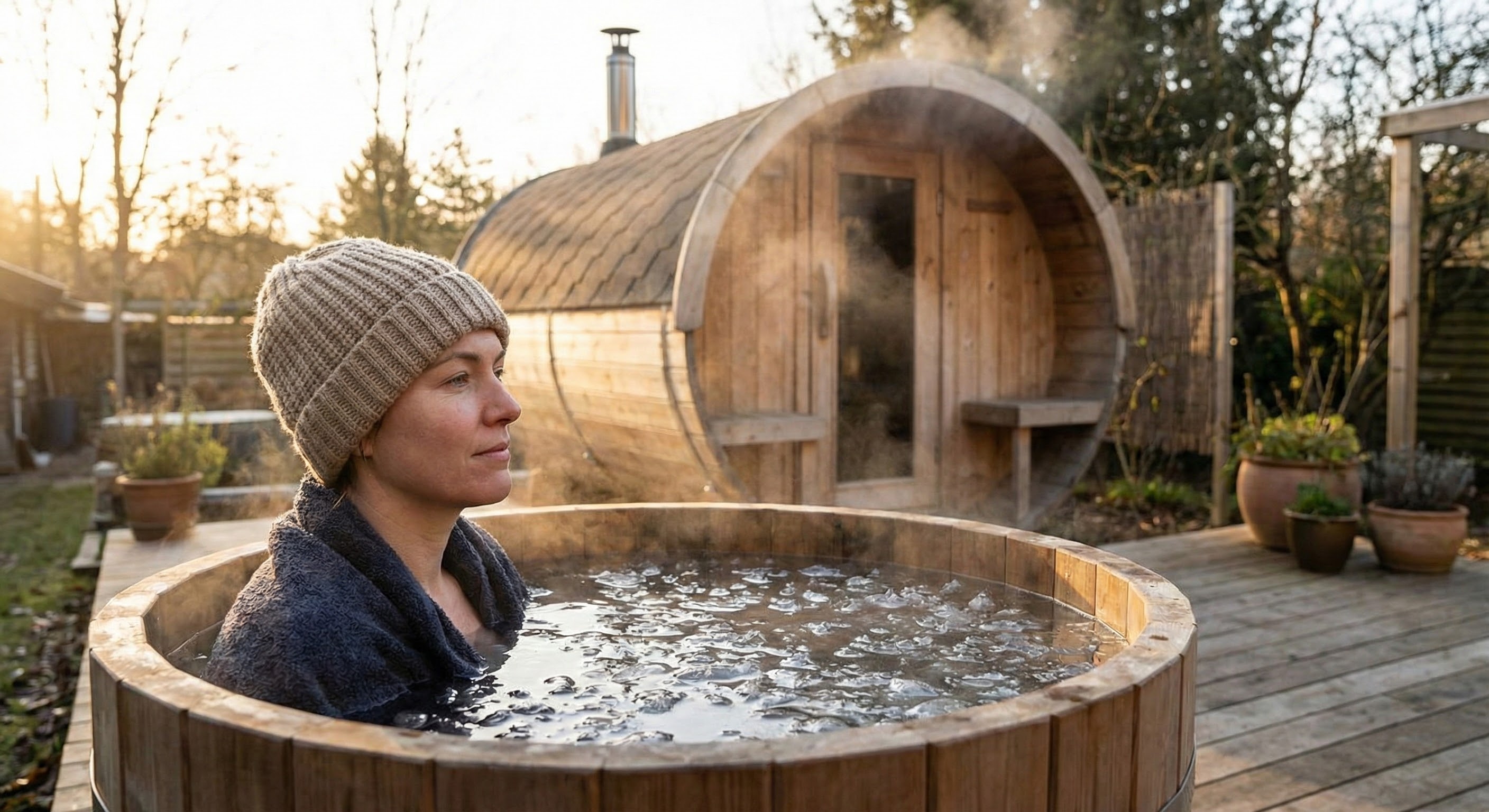 Person emerging from a cold plunge next to a sauna, demonstrating contrast therapy setup