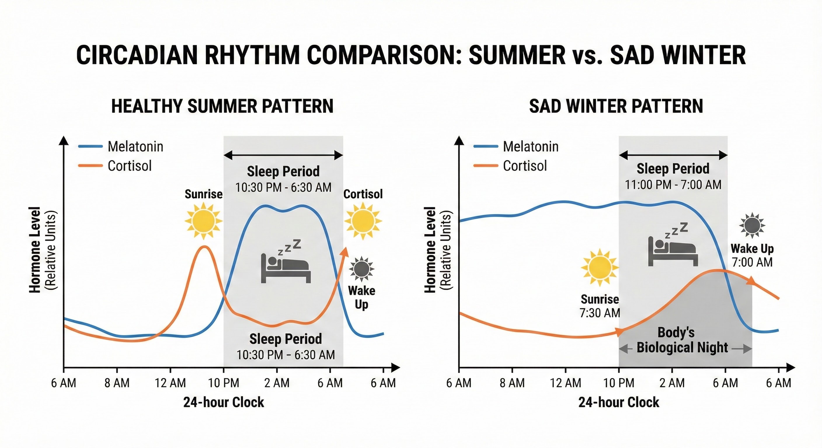 Diagram comparing normal circadian rhythm versus SAD-related phase delay
