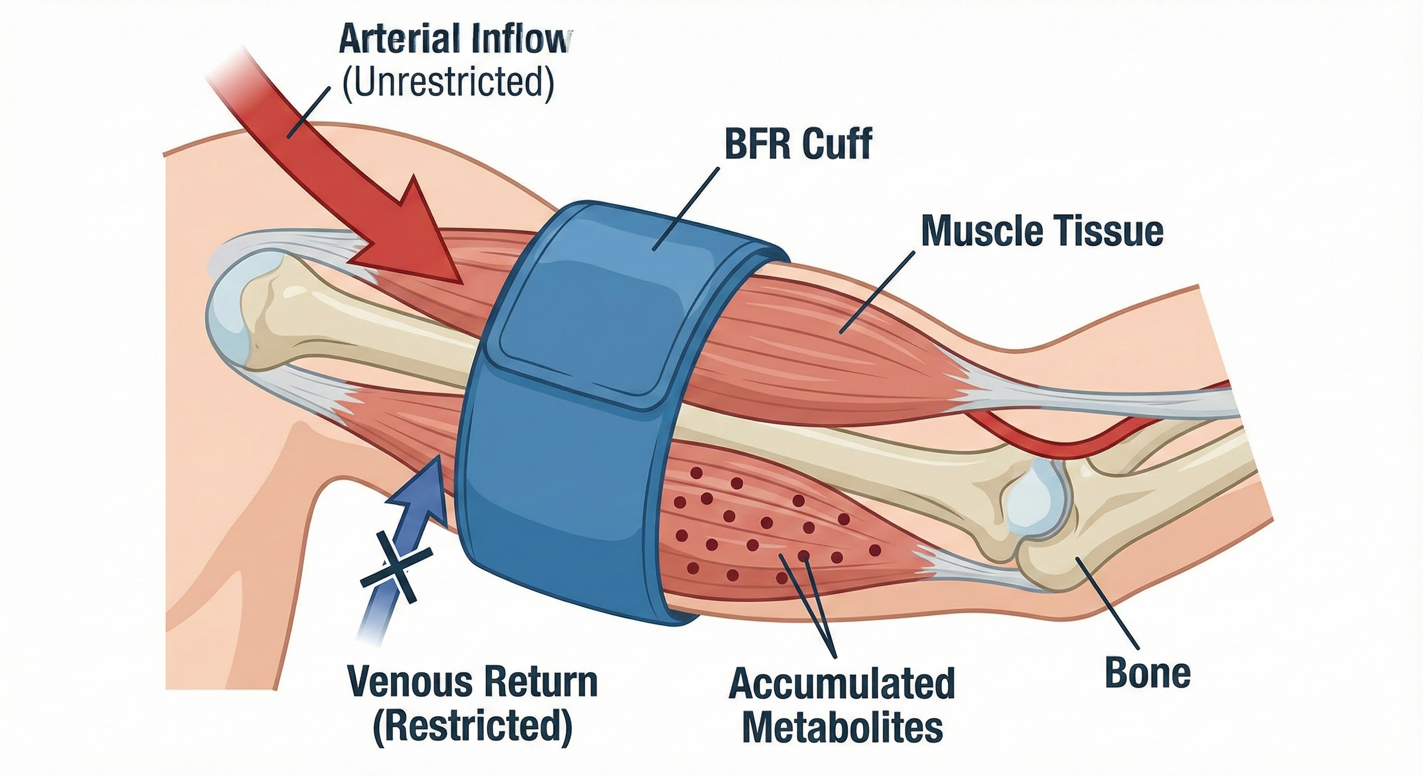 Diagram showing blood flow during BFR with arterial inflow and restricted venous return