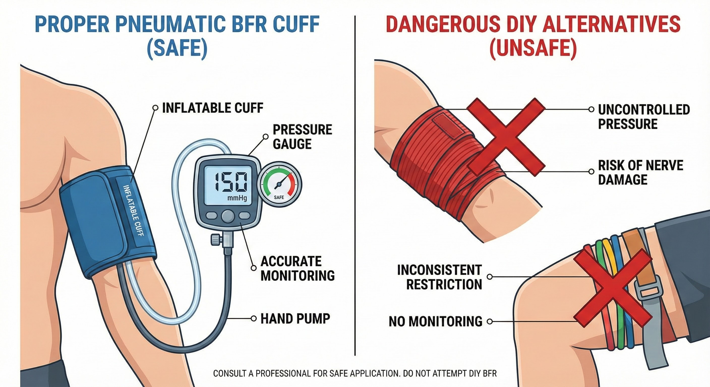 Comparison of proper BFR cuffs versus unsafe DIY alternatives