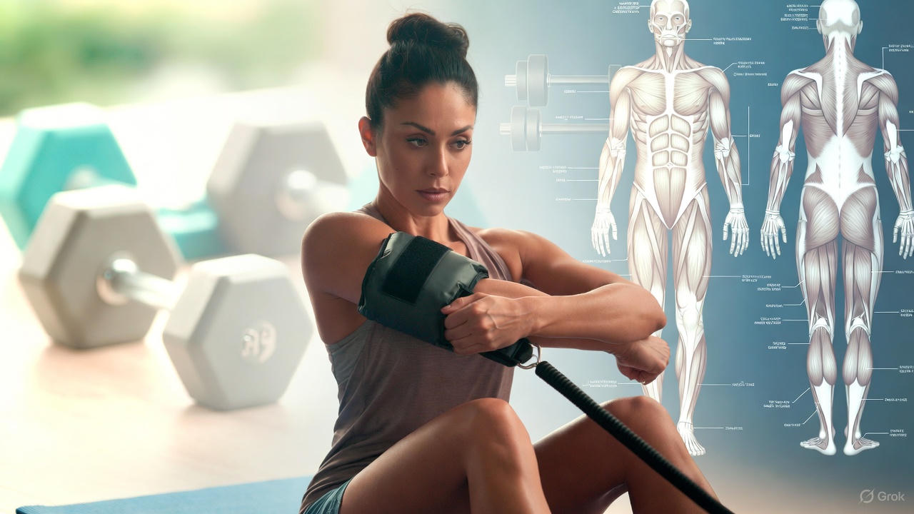 Athlete performing bicep curls with BFR bands on their upper arms