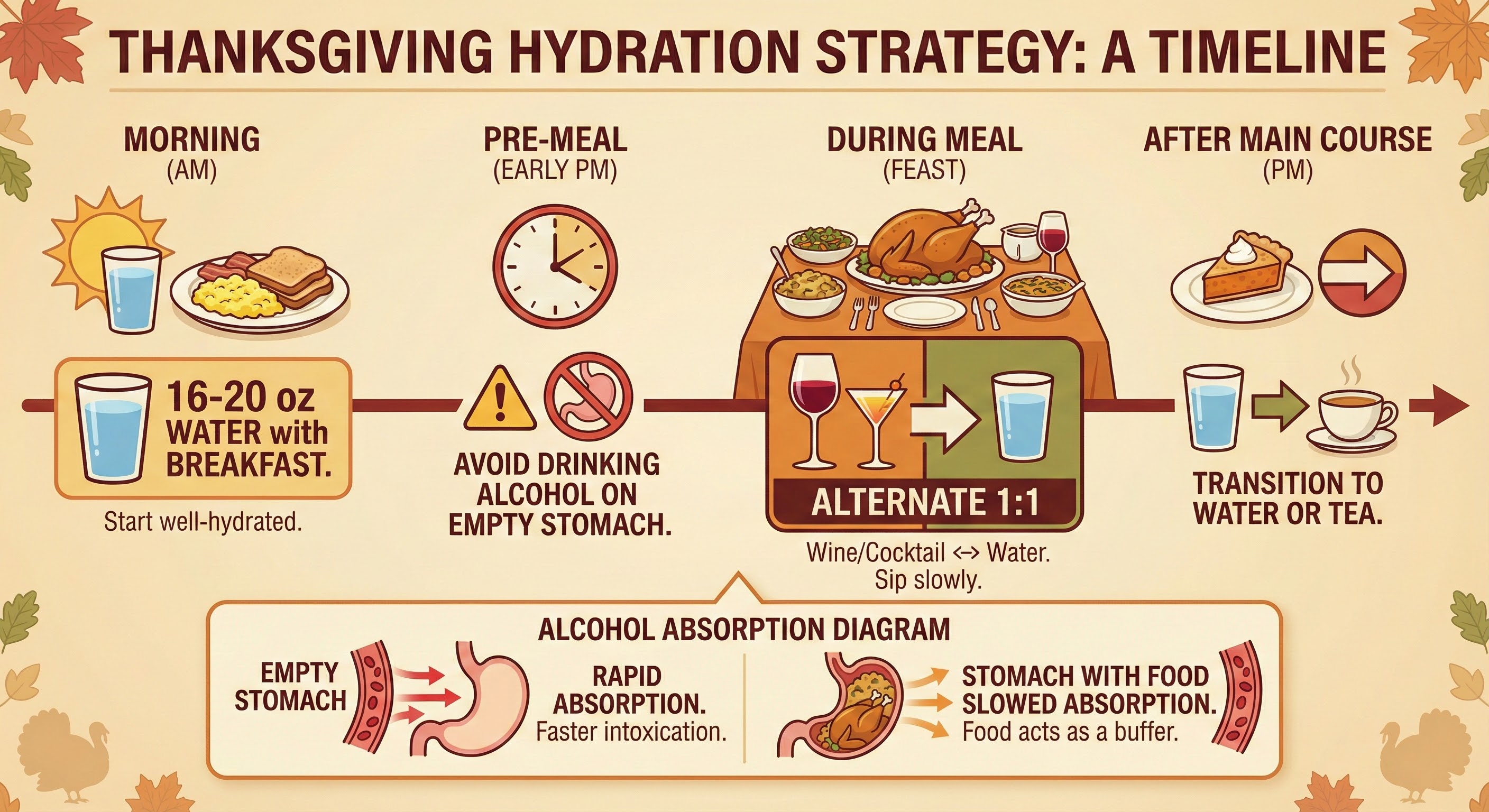 Hydration and alcohol strategy timeline for Thanksgiving