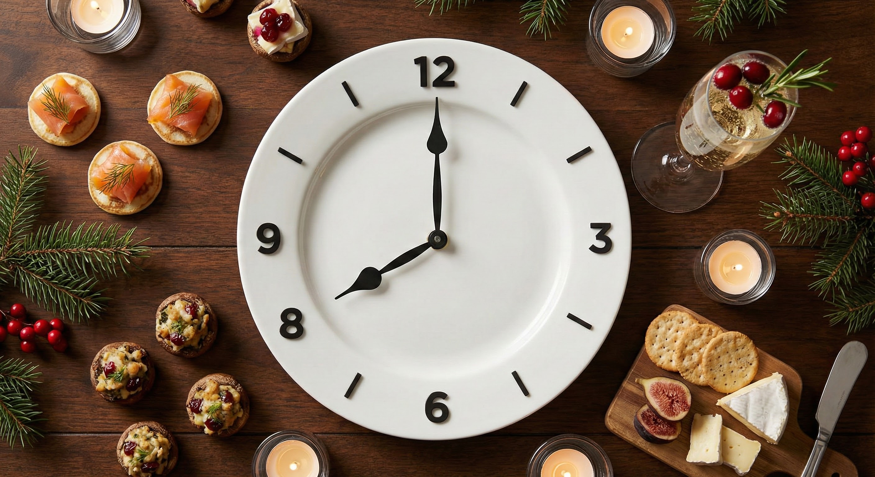 Clock plate setting showing fasting window concept with holiday food in the background