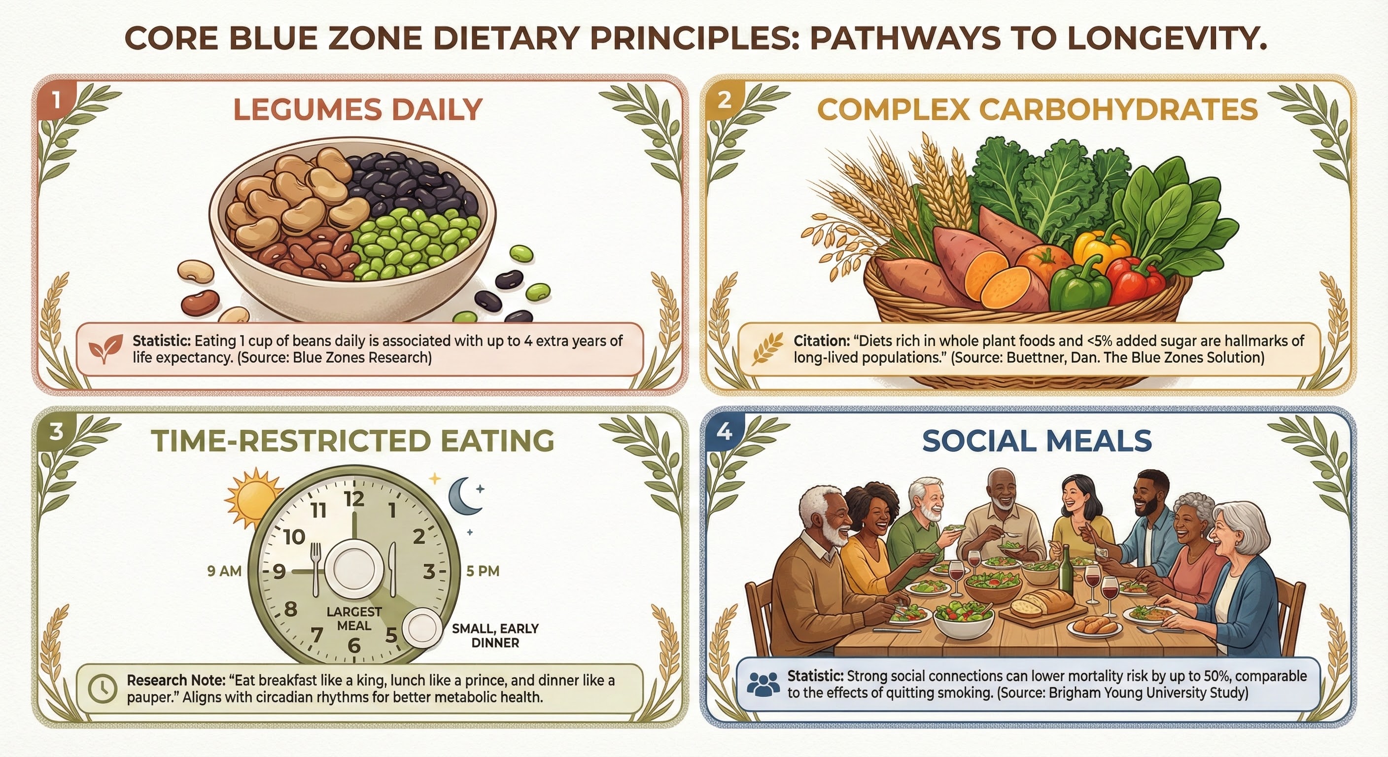 Infographic showing the four core dietary principles consistent across all Blue Zones