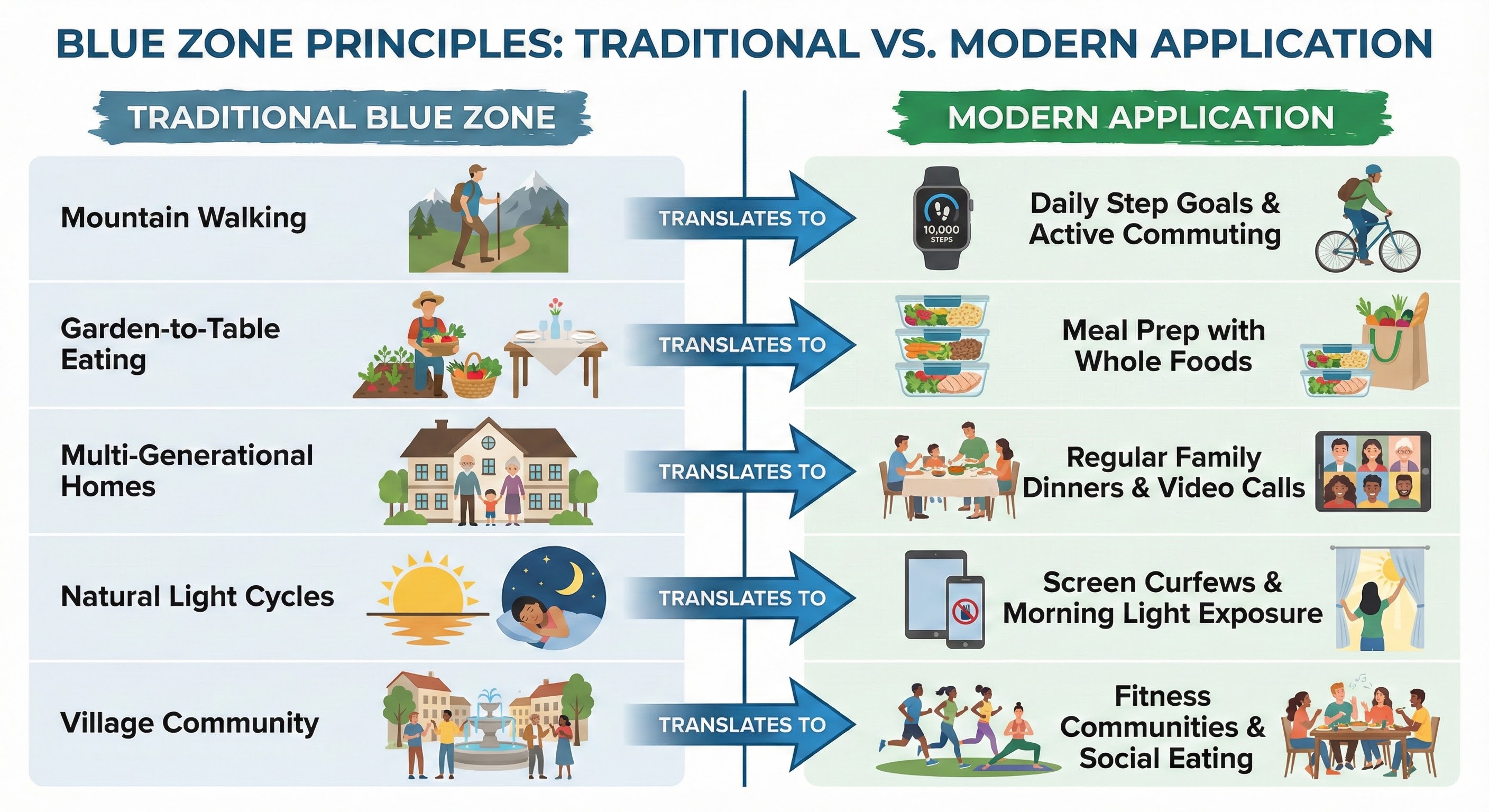 Comparison of traditional Blue Zone lifestyle elements and their modern equivalents