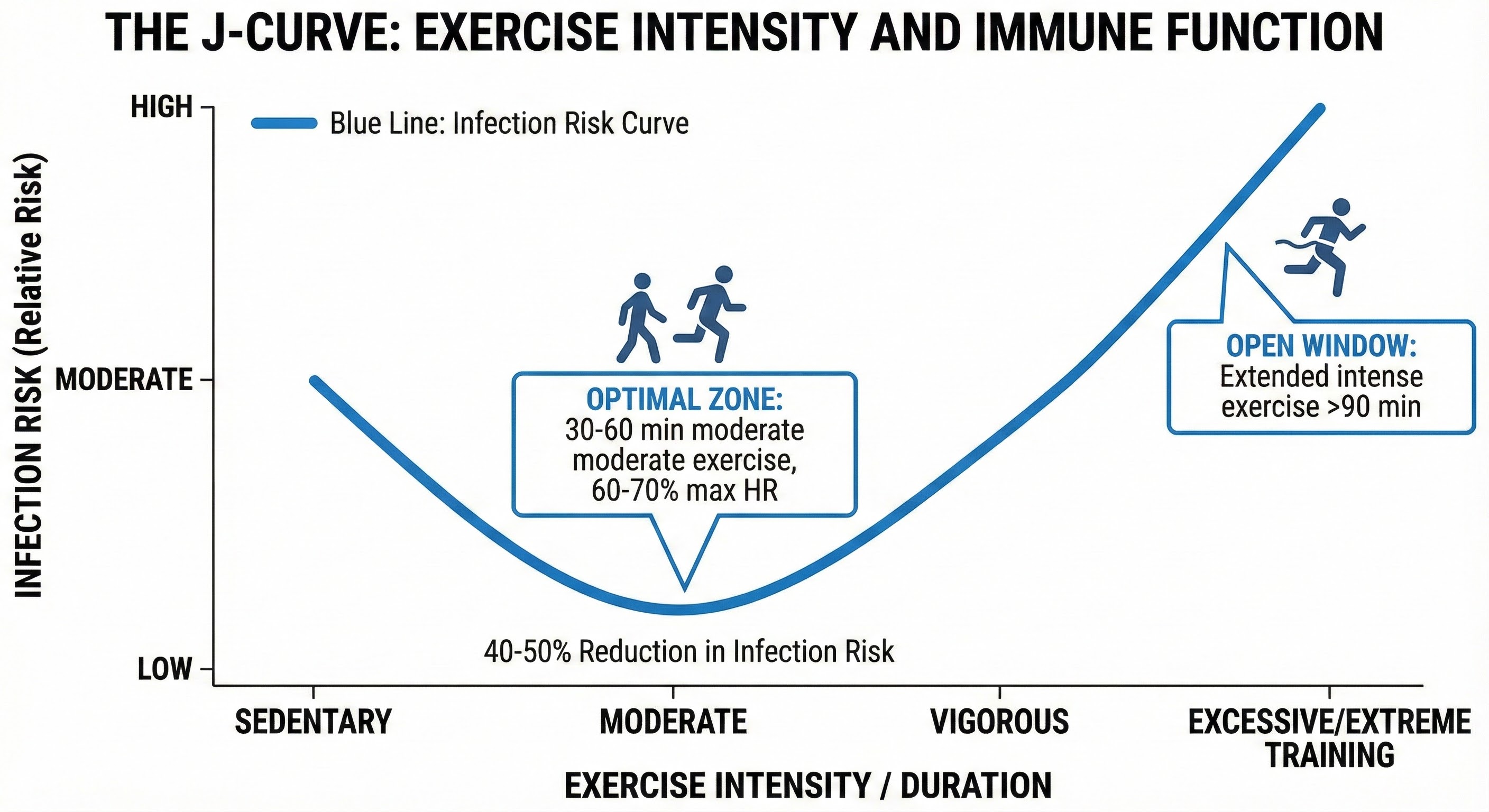 J-curve graph showing relationship between exercise intensity and immune function