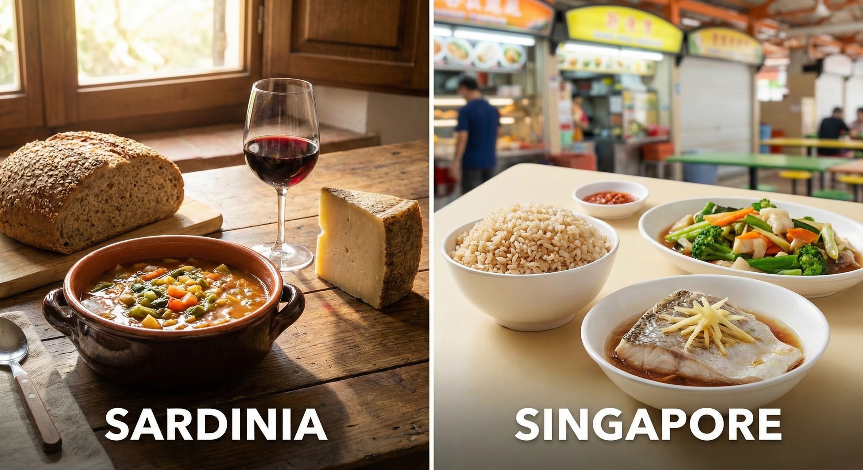 A split image showing a traditional Sardinian meal and a modern Singaporean healthy hawker stall