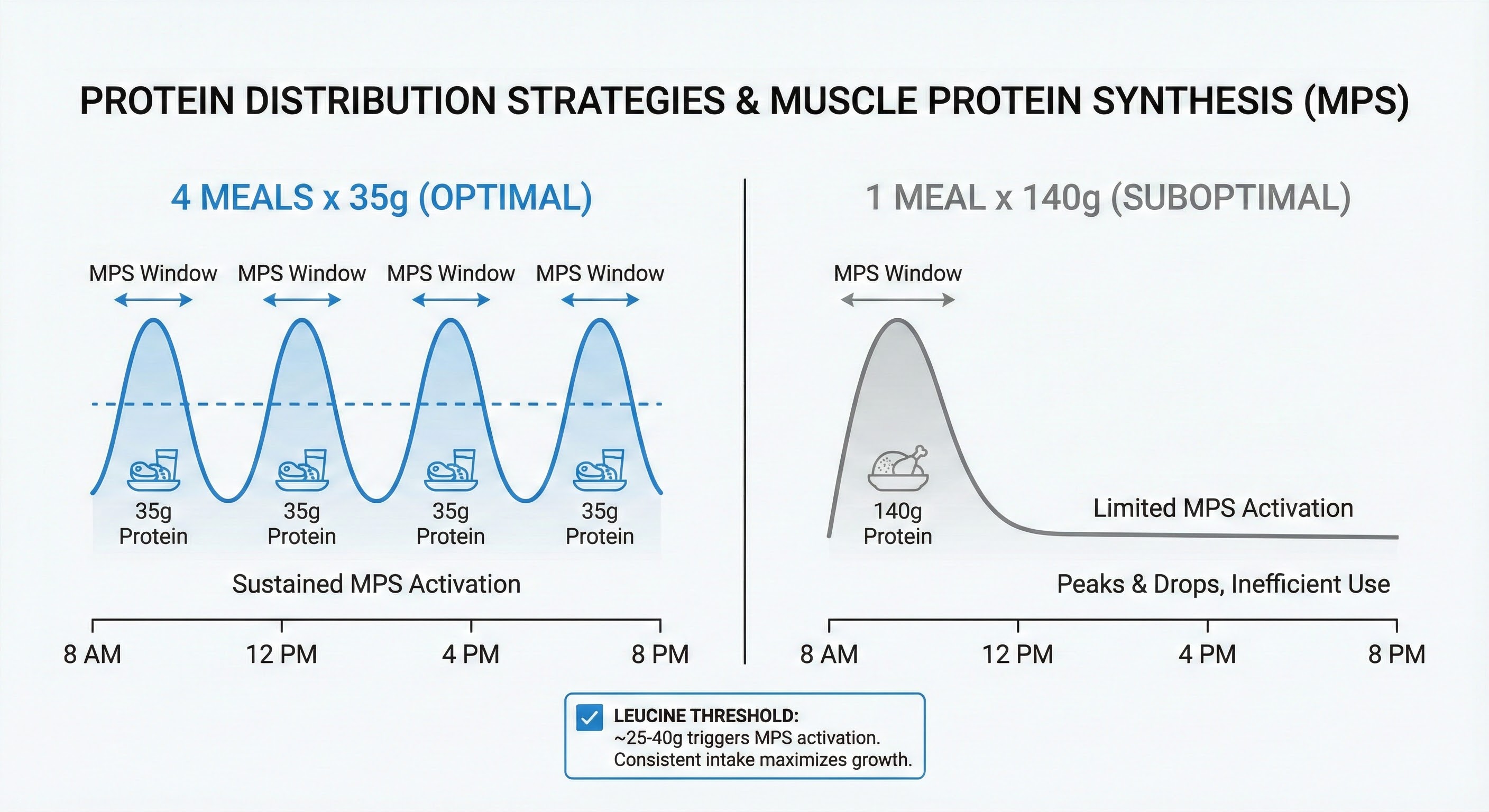 Infographic showing muscle protein synthesis response to protein distribution across 4 meals versus 1 large meal