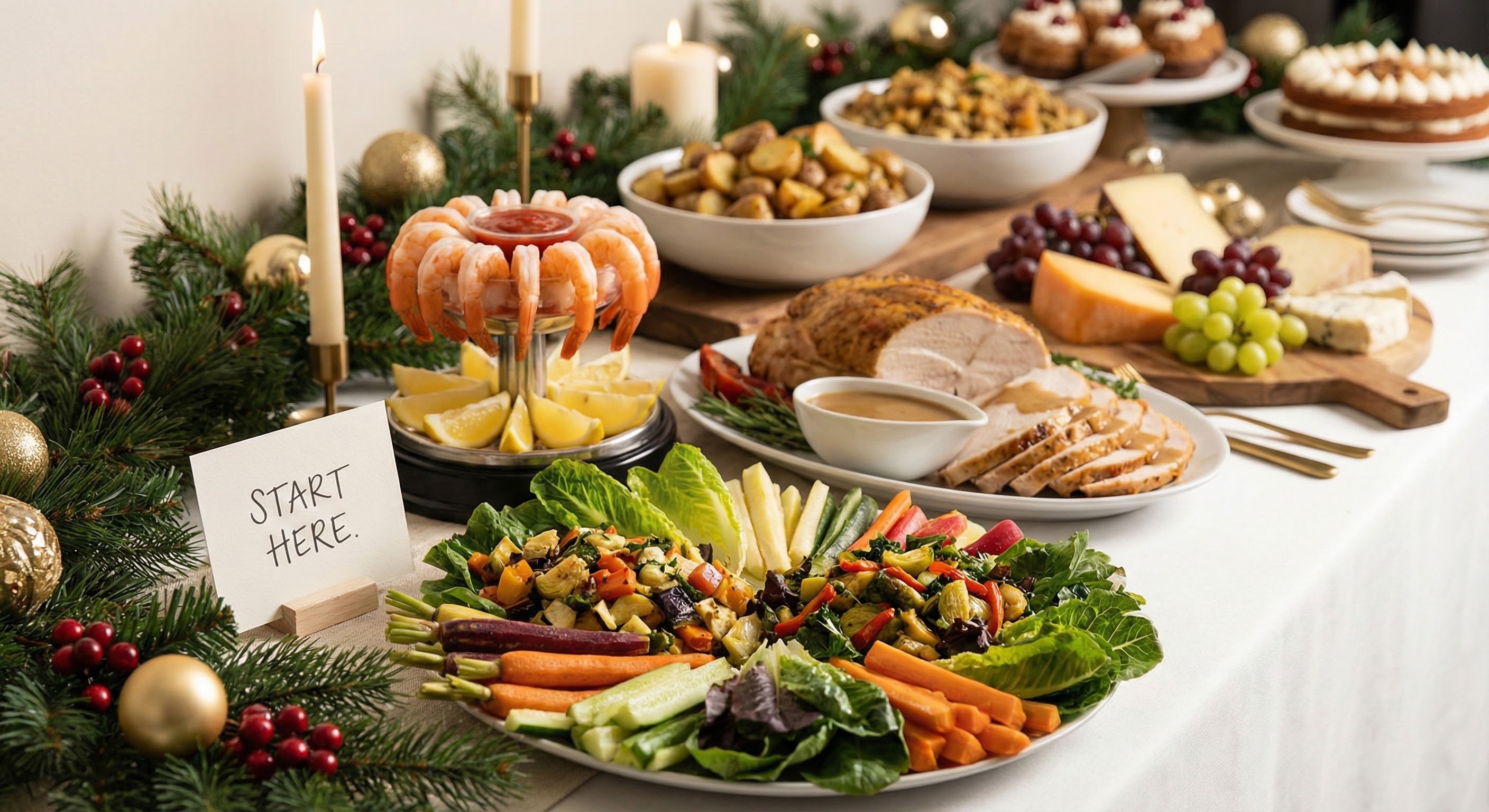 Holiday buffet table showing strategic arrangement of vegetables, proteins, and desserts with visual emphasis on food pairing