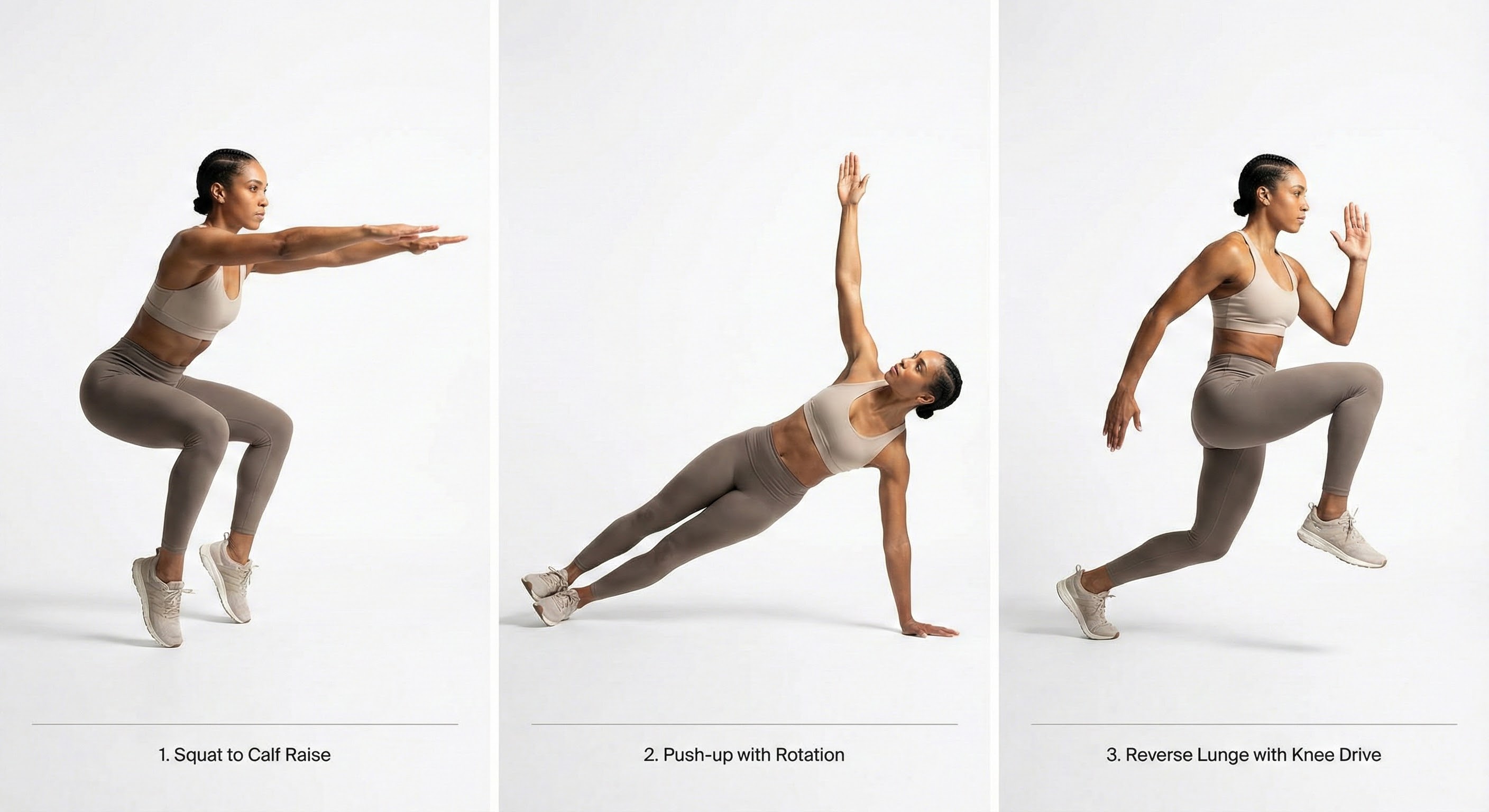 Exercise demonstration showing proper form for squat to calf raise, push-up with rotation, and reverse lunge