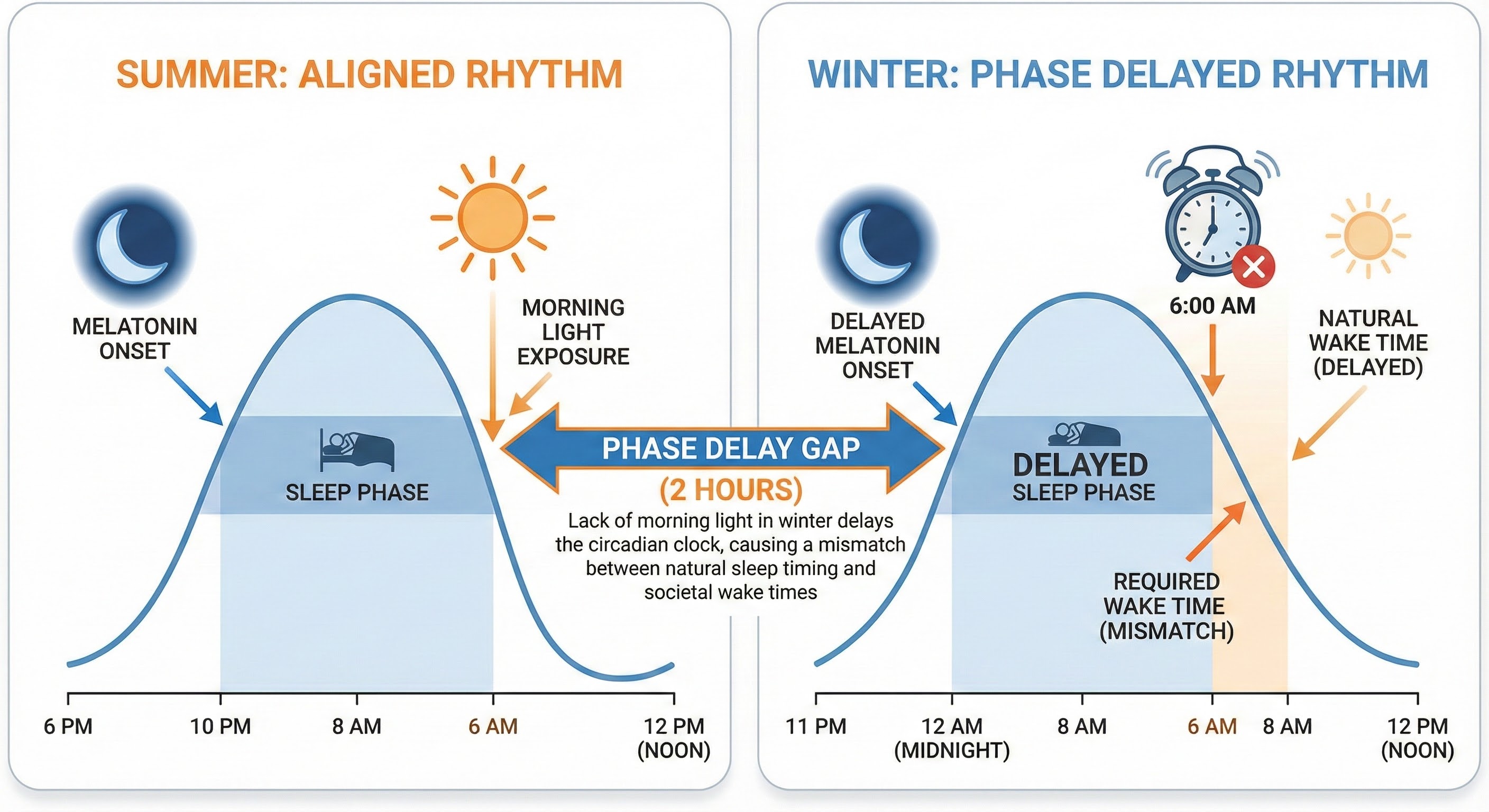 Diagram showing circadian rhythm disruption in winter with delayed melatonin onset and sleep phase