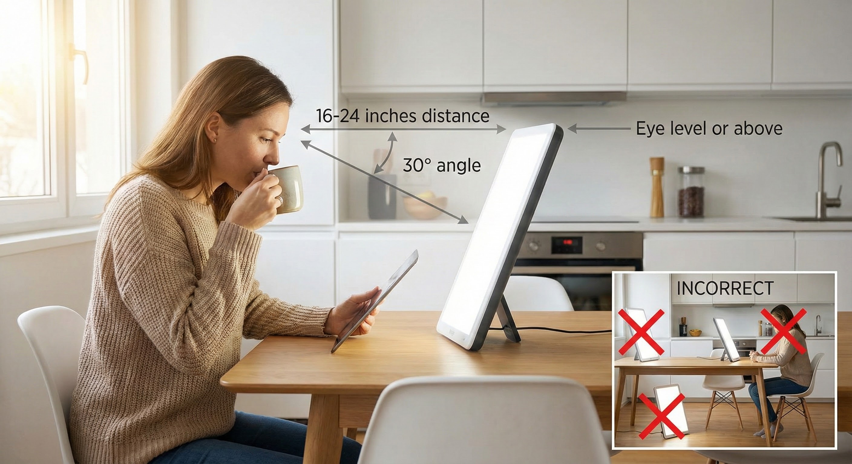 Step-by-step light therapy setup showing proper positioning of light box relative to person