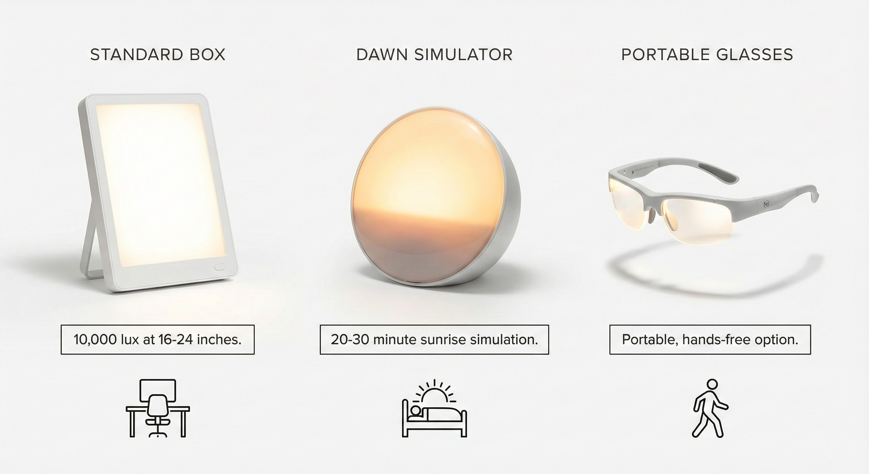 Comparison of different light therapy devices including standard box, dawn simulator, and portable glasses