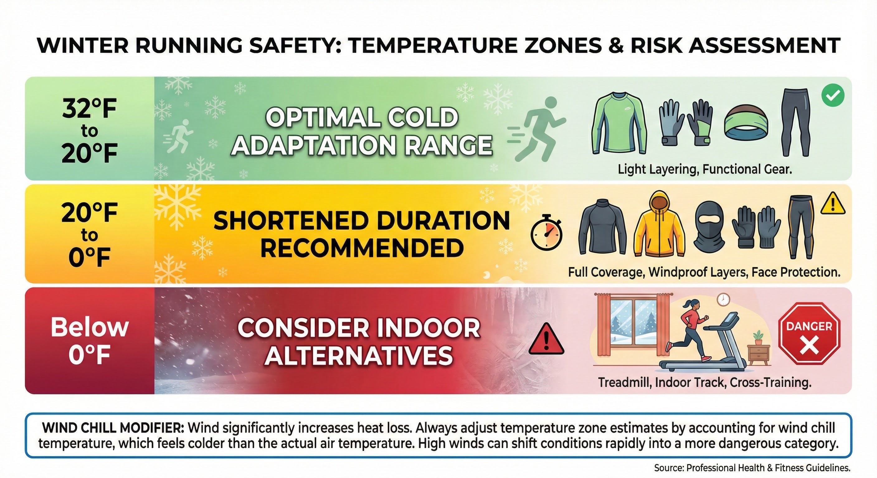 Temperature zone chart showing safe ranges for winter running with corresponding gear recommendations